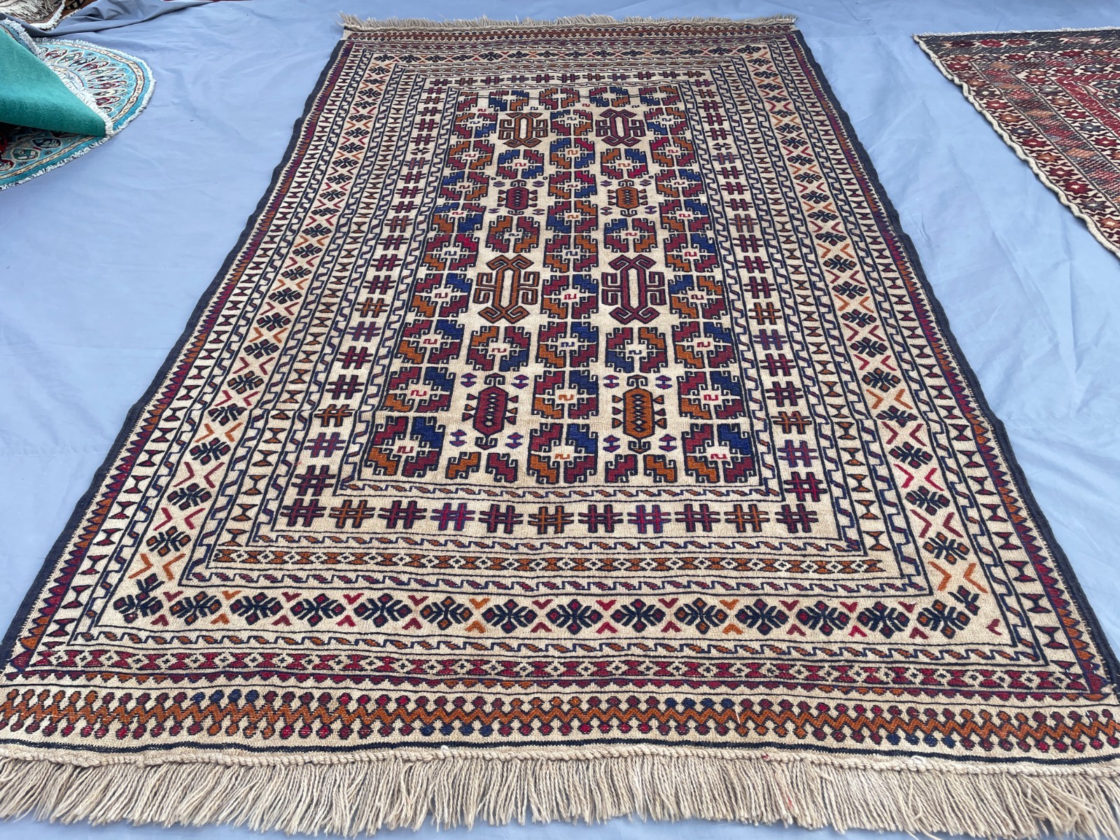 4×6 Ivory Afghan Kilim Rug with Bold Tribal Symbols and Geometric Panel Design