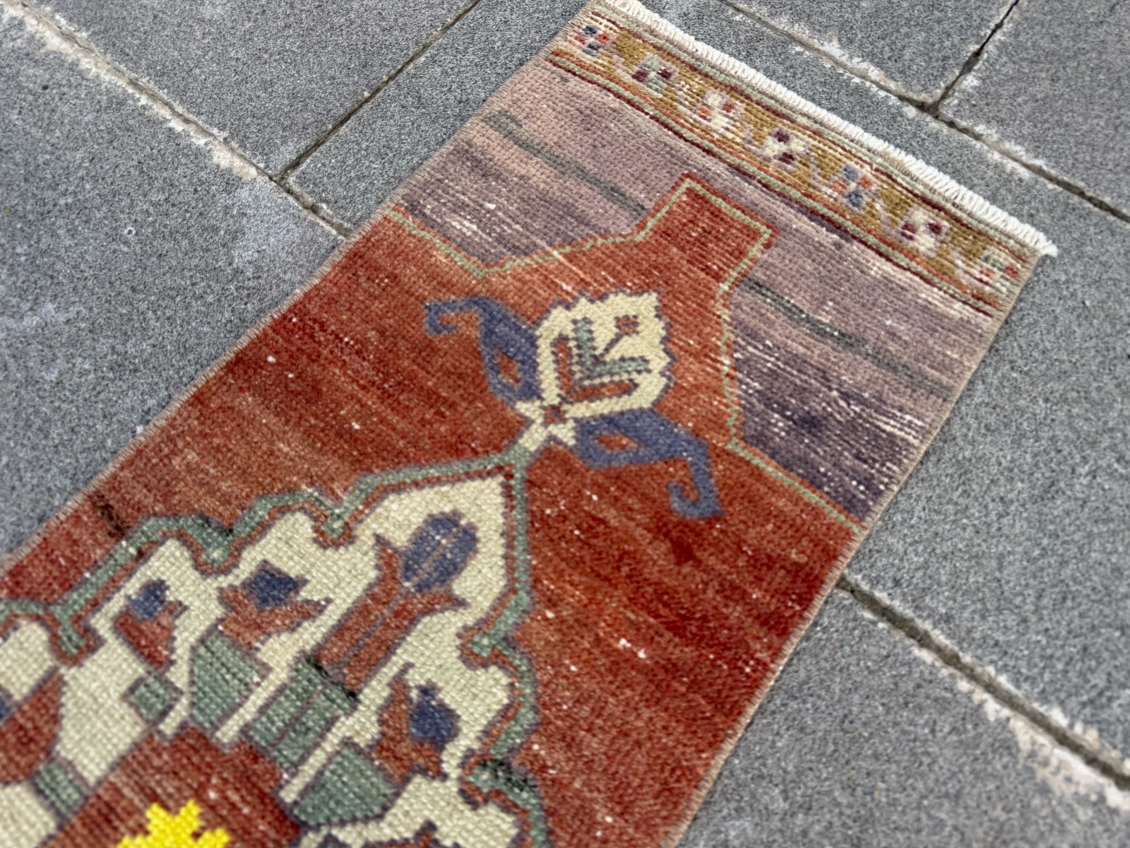 Small Vintage Turkish Rug 1.1×3.3 ft Terracotta Yellow Long Kitchen Entry Mat
