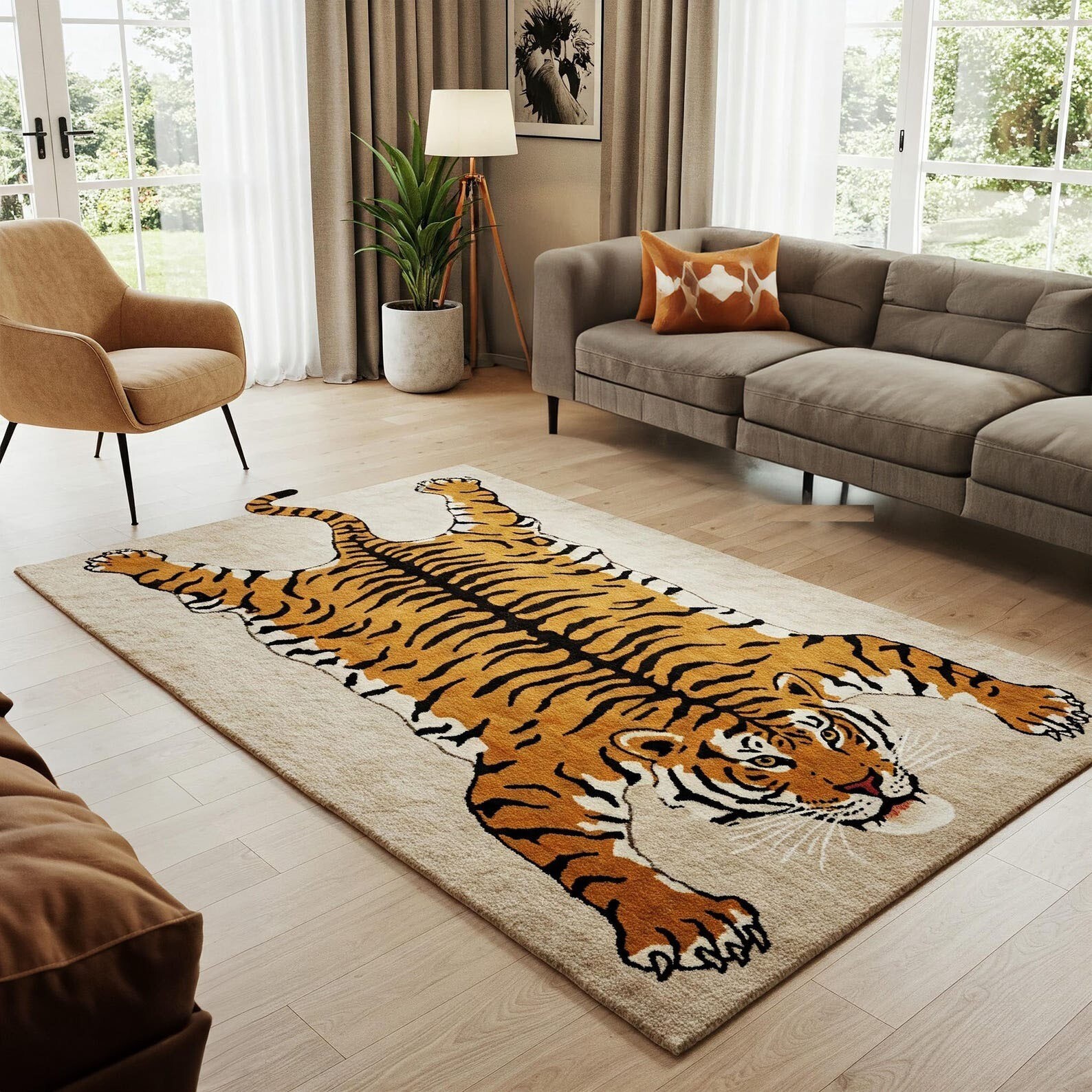 Hand Tufted Print Area Carpet for Living Room or Bedroom Tiger Rug Bold Animal