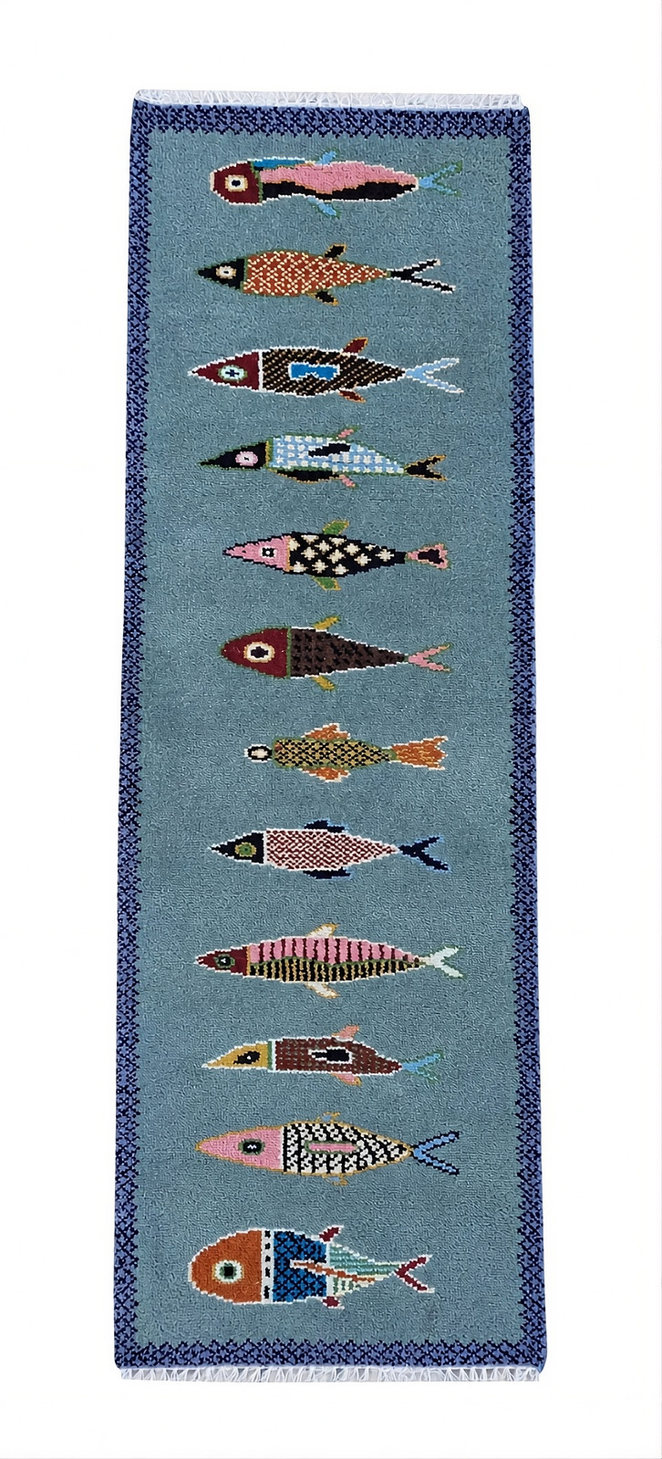 Hand Knotted Oushak Runner Rug Wool Hallway Carpet Green fish runner