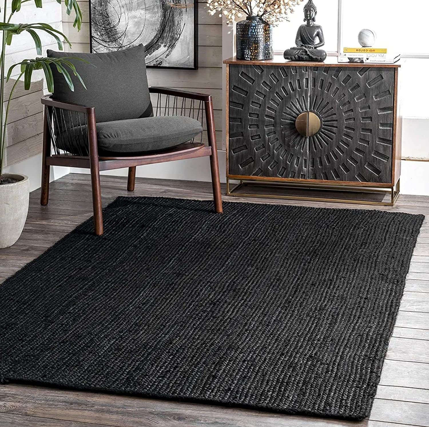 Jute Braided Rug Attractive Style Solid Black Rust Look Area Rug Square Carpet
