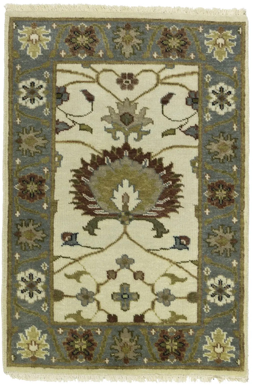 Hand-Knotted Cream Floral Design Oushak Chobi Rug Small Oriental Carpet 2X3 ft