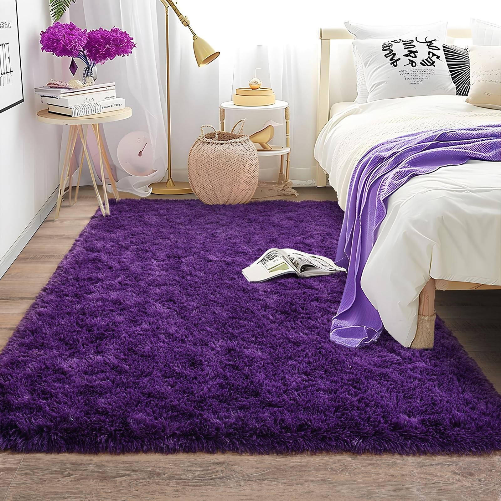 Ailyei Soft Shag Rugs for Bedroom, 4×6 Purple Fluffy Shaggy Rugs for Living R…
