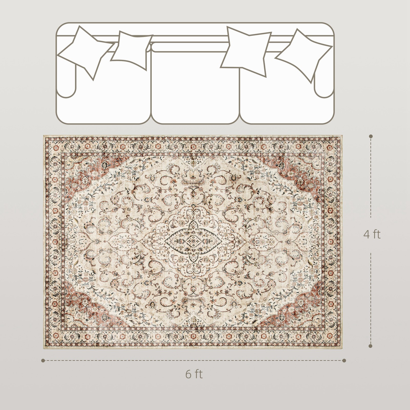 Machine Washable Area Rug 4×6, Non-Slip Floor Carpet, Mixed-Brown