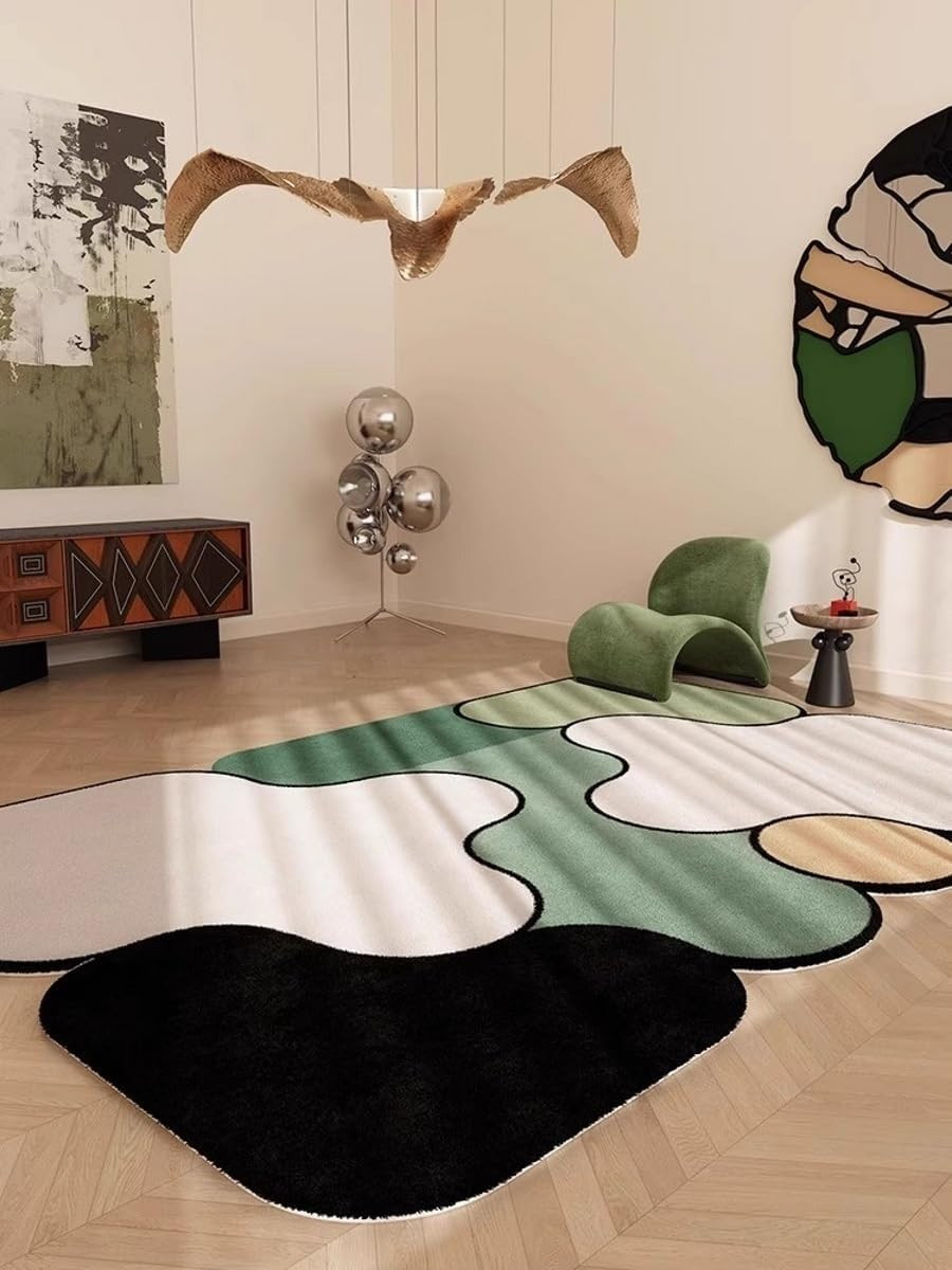 Geometric 5×7 Area Rug – Black Beige Green Irregular Design for Home & Office