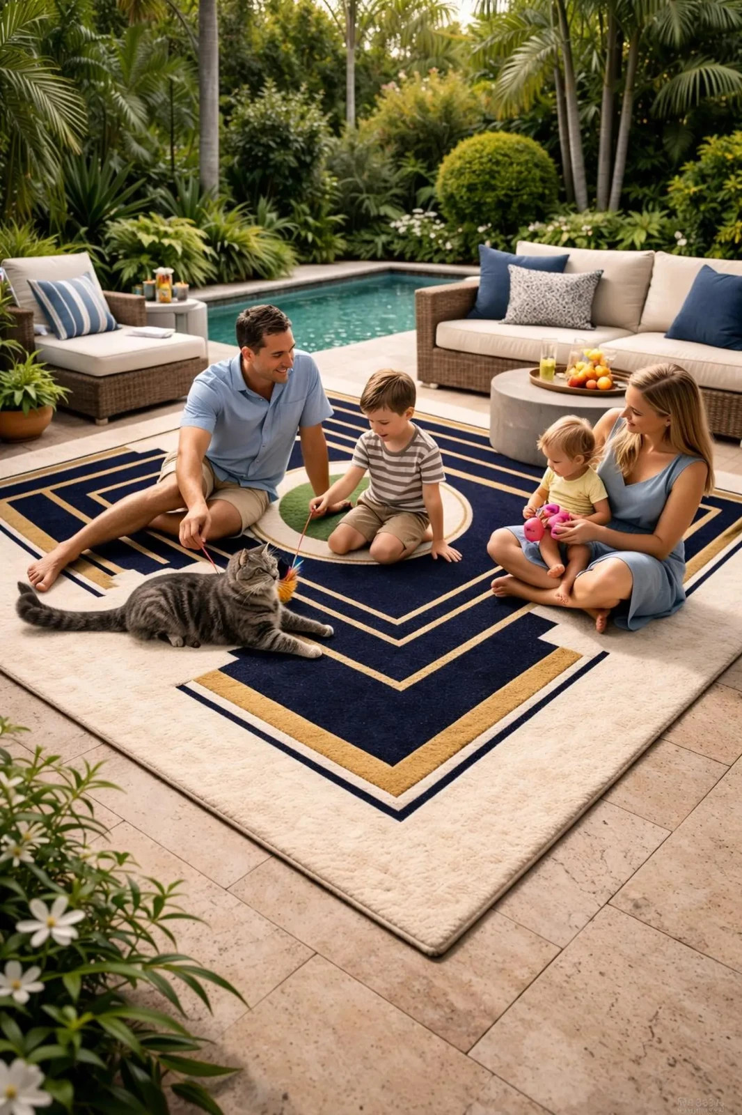 Navy Blue hand Tufted Terracotta Geometric Area Rug, Modern Art Deco Wool carpet