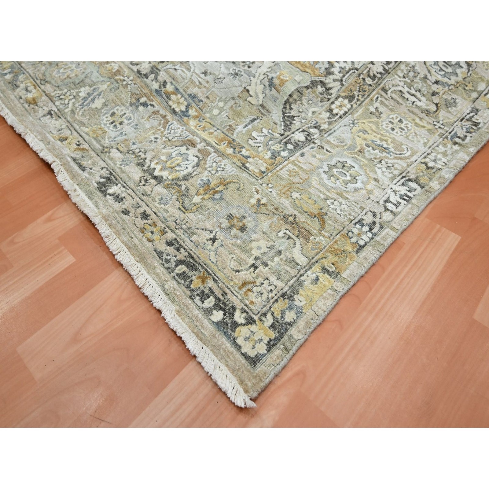 8’10″x12′ Khaki Brown Flower All Over Design Wool & Silk Hand Knotted Rug 75938