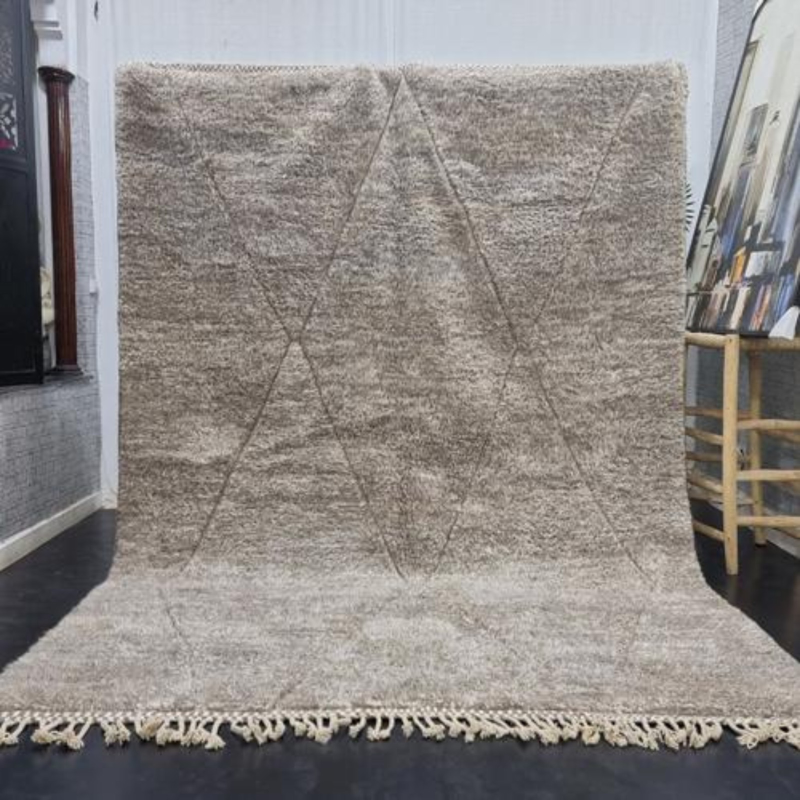 Wool Moroccan Shag Area Rug Beige Geometric Wool Modern Living Room Carpet