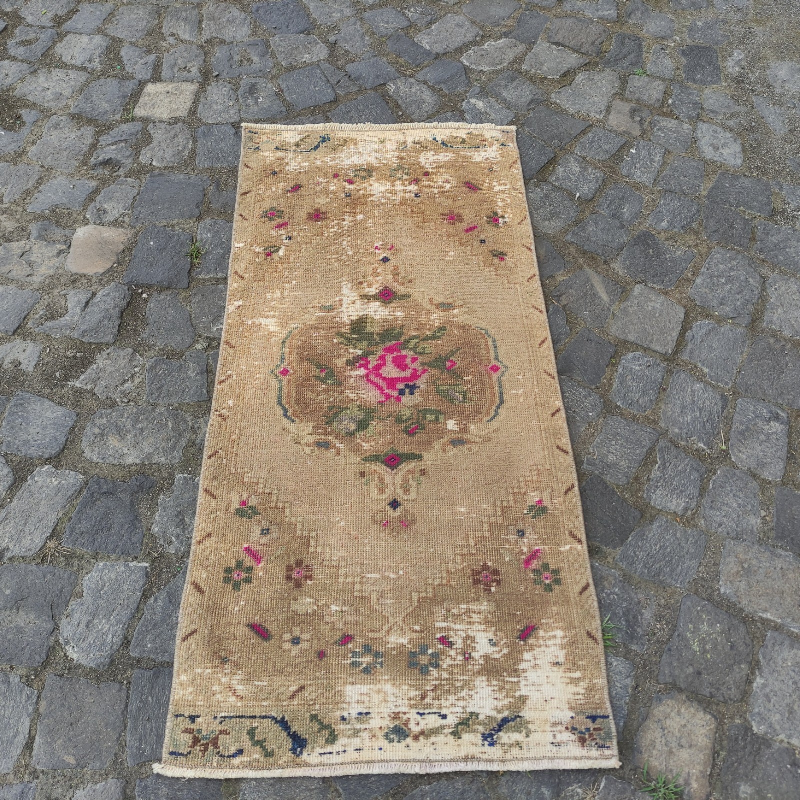 Roses Vintage rug 2×4 mini runner rug 1.74 x 3.74 ft. worn carpet 53 x 114 cm