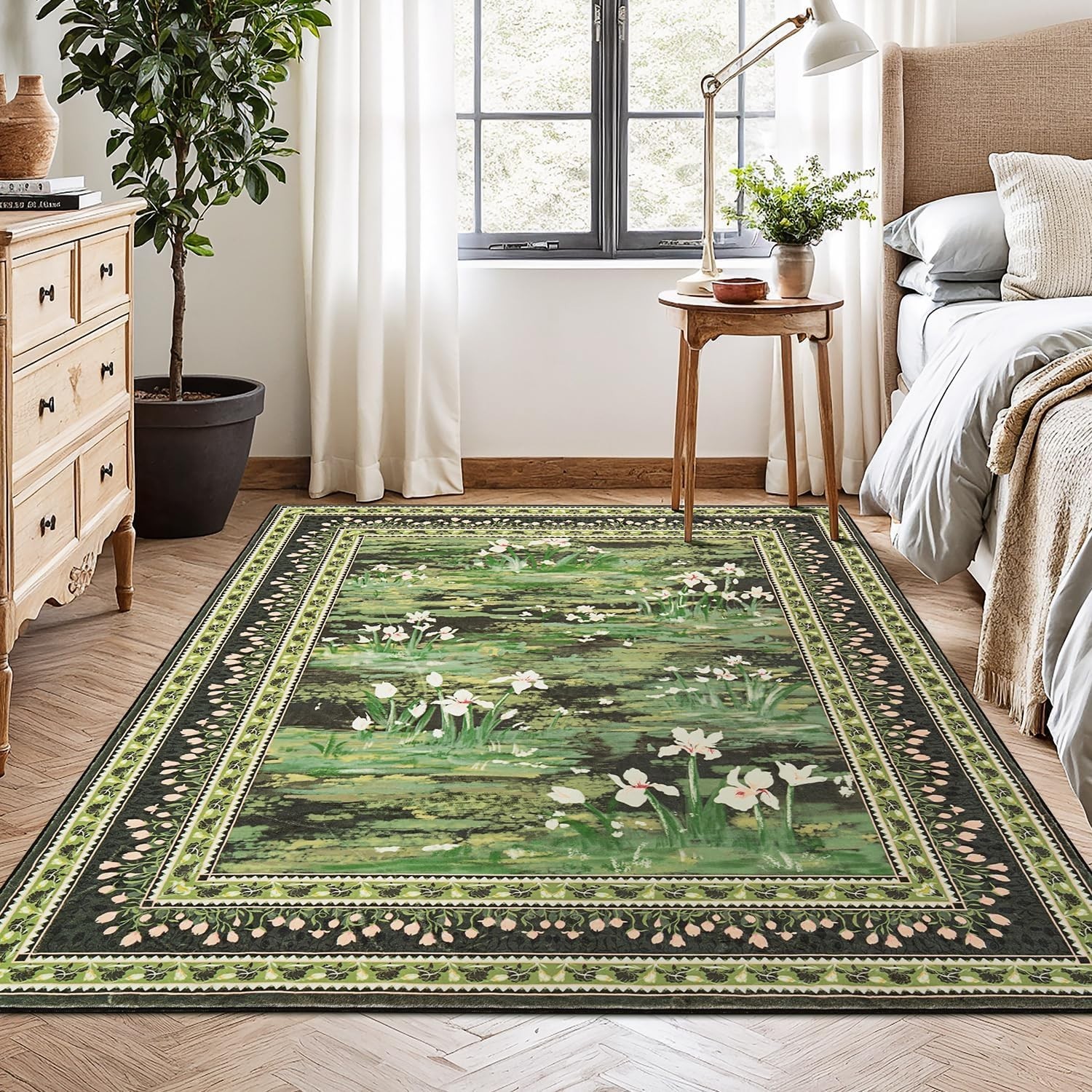 Soft Faux Wool 5×7 Dark Green Floral Rug – Stain Resistant & Family Friendly