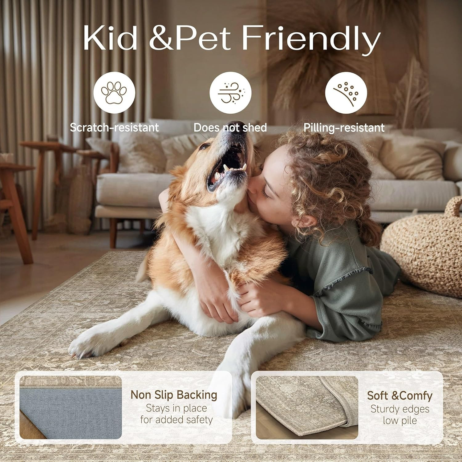 Beige 5×7 Washable Area Rug – Soft, Durable, Non-Slip for Living Room & Bedroom