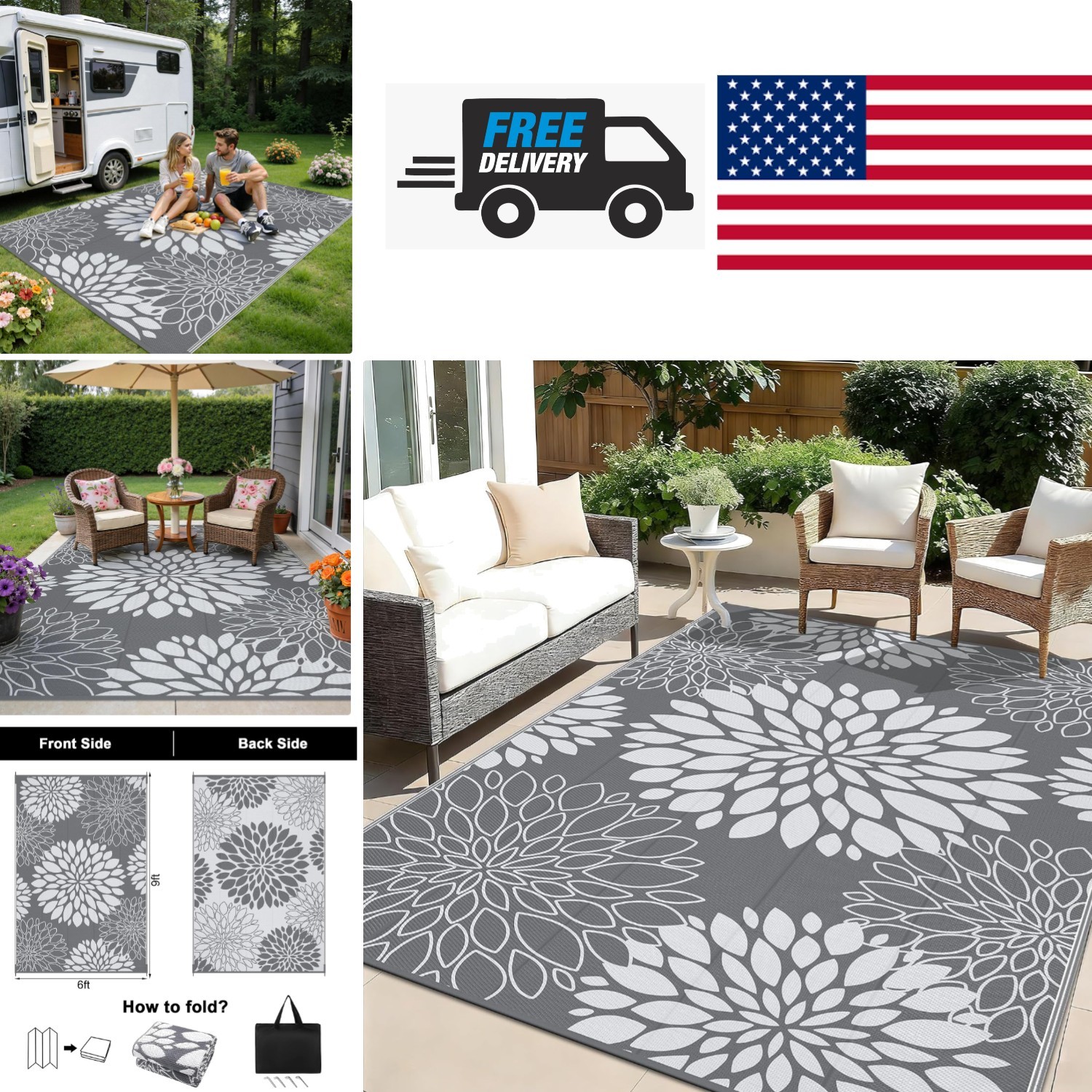 Versatile 6×9 Outdoor Carpet Waterproof Reversible Floral Grey for All Occasions