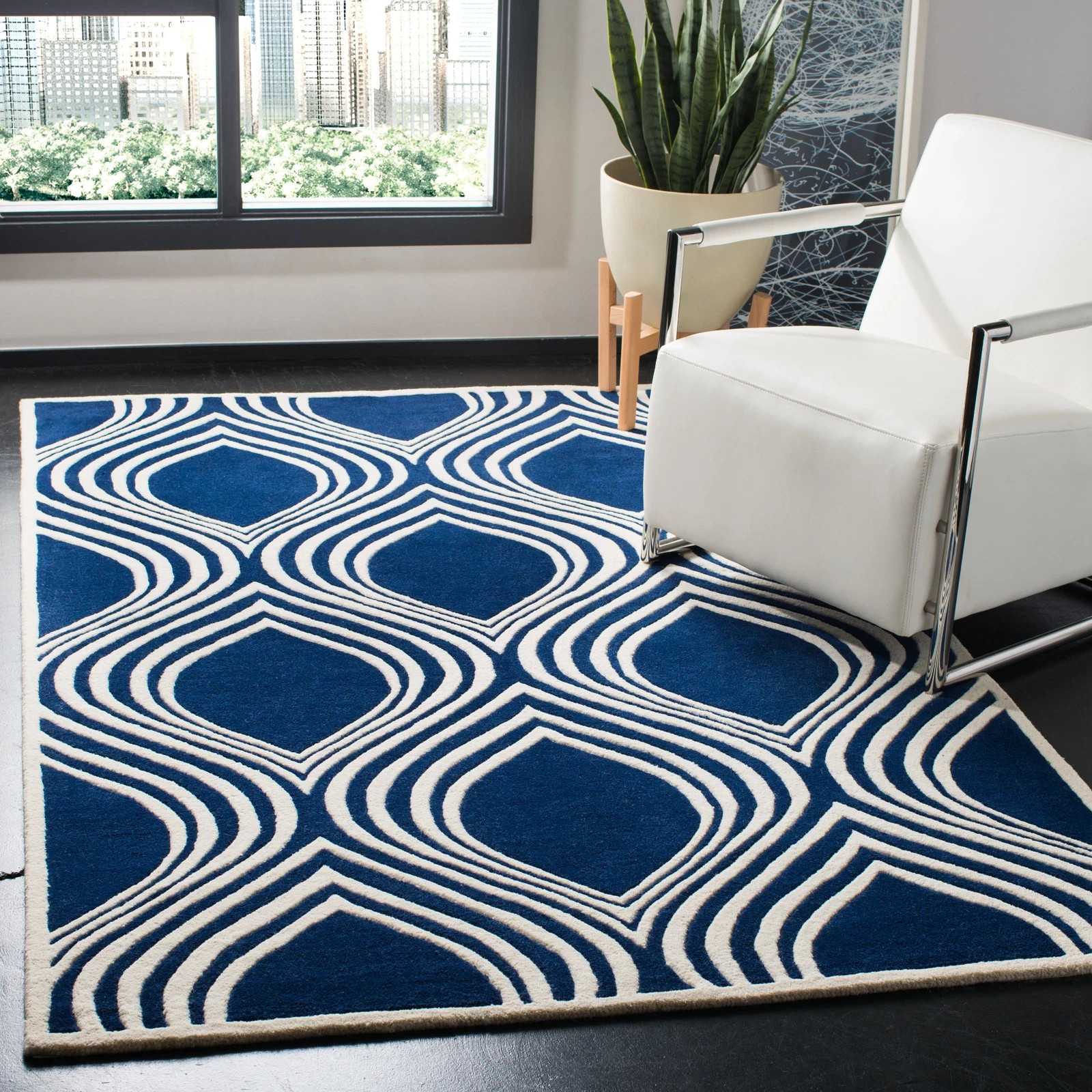Handmade Hand Tufted DARK BLUE / IVORY 8′ X 10′ Area Rug