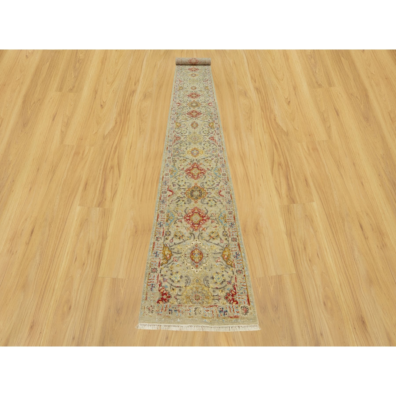 2’7″ x 19’10” Camel Wool and Silk Sunset Hand Knotted Runner Oriental Rug R90533