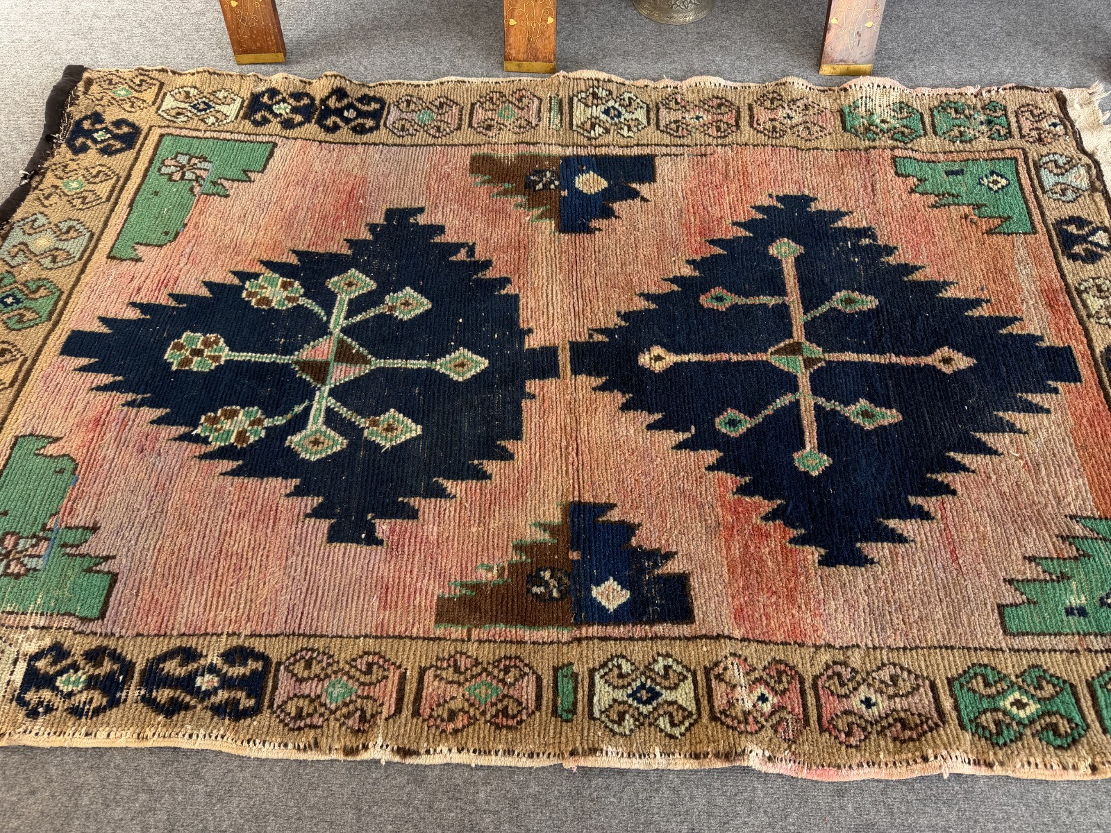 Vintage Turkish Oushak Rug 3×5 Ft, Handmade Anatolian Wool Rug Blue Boho Accent