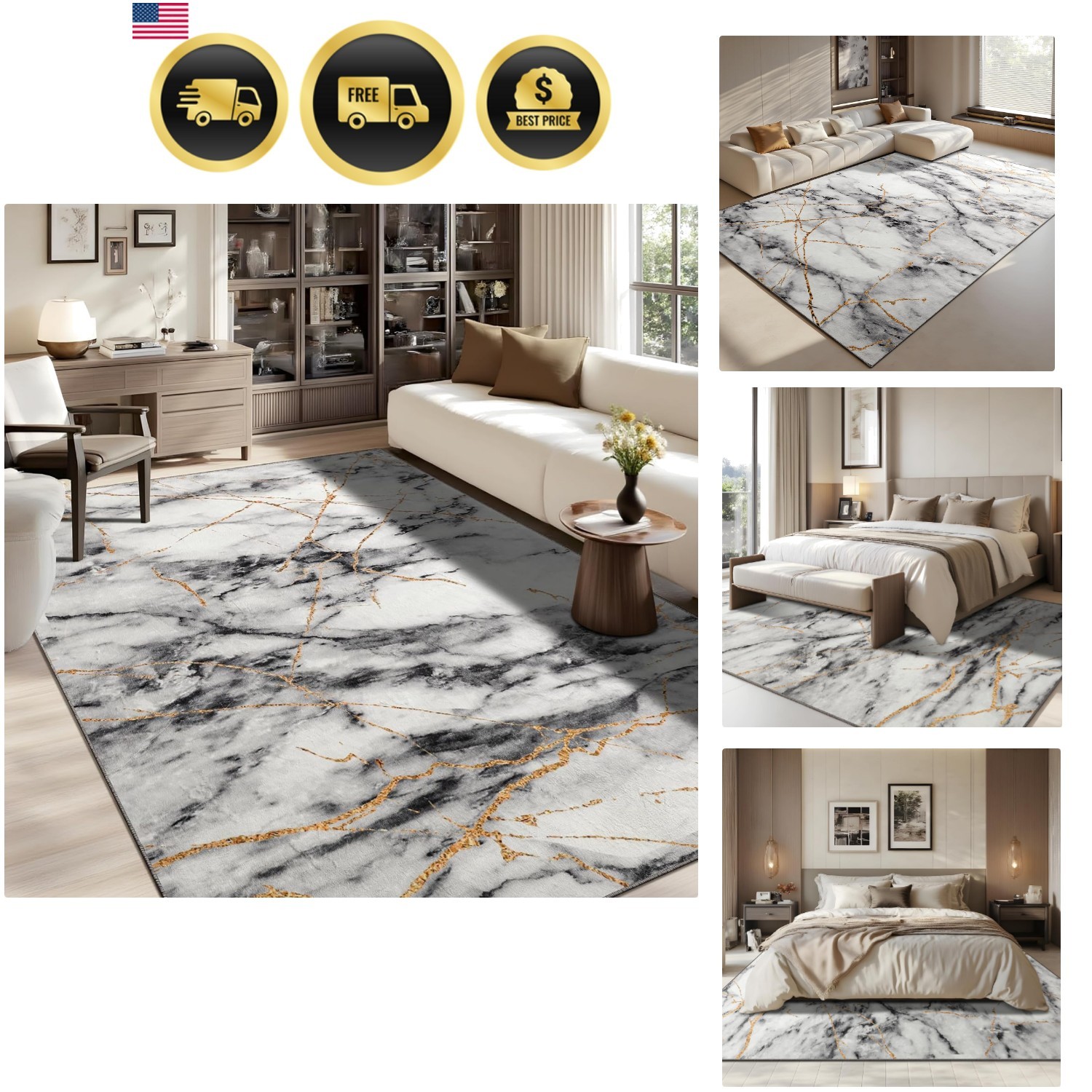 Chic 6′ x 9′ Low Pile Abstract Rug – Marble Effect in Gold & Grey, Pet-Friendly