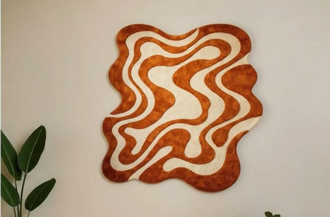 Hand Tufted Wool Area Rug, Burnt Orange Wave Pattern, Mid Century Abstract Rug.