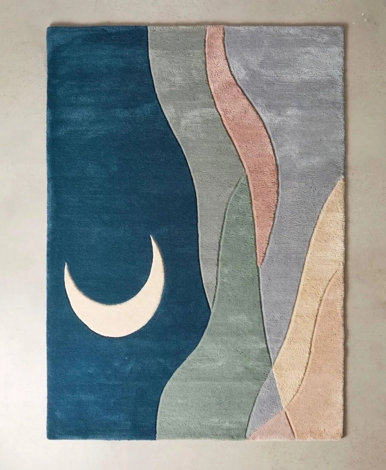 Hand Tufted Wool Rug: Celestial Moon Mountain Landscape Area Carpet Design Rug