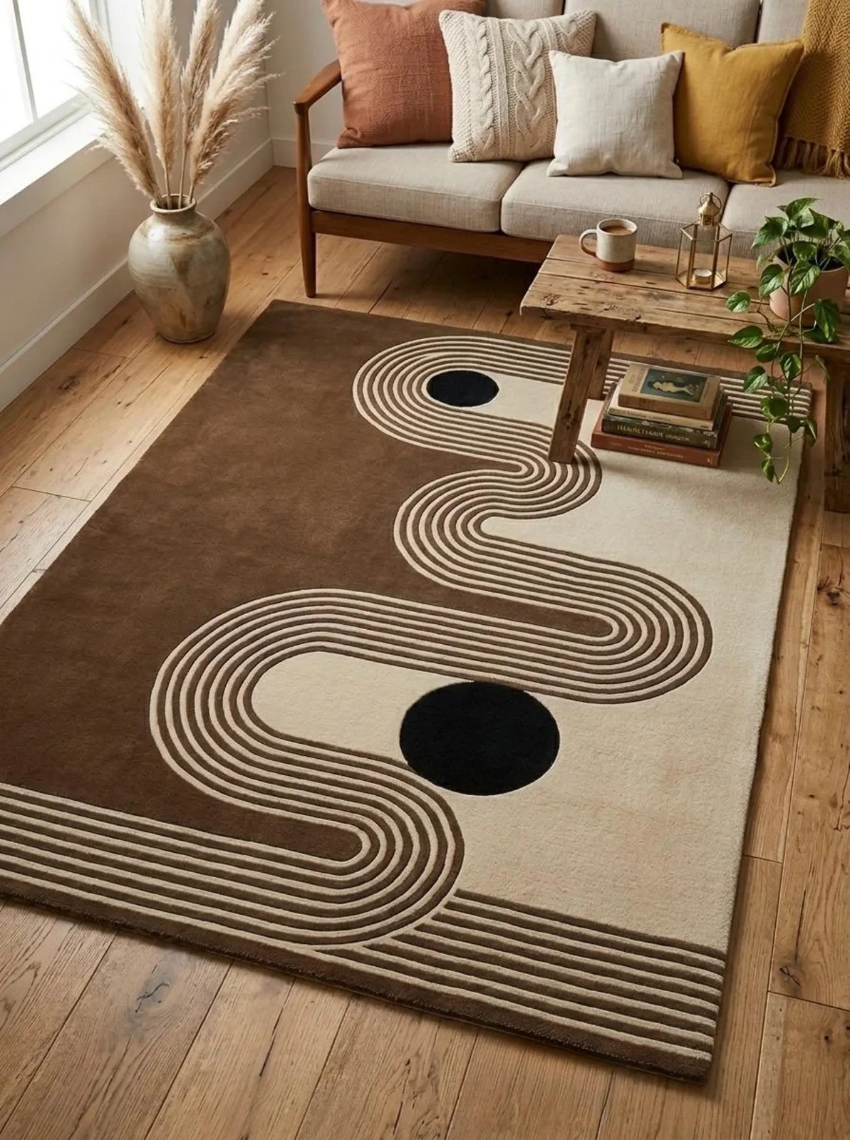 Hand-tufted Wool Rug, Brown Cream Abstract Geometric Carpet, Minimalist Living