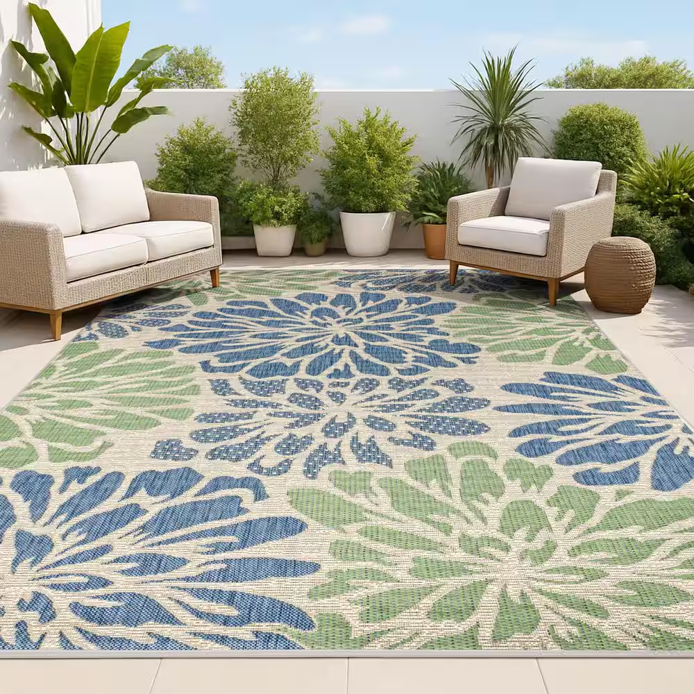 Zinnia Modern Floral Navy/Green 5 Ft. 3 In. X 7 Ft. 7 In. Textured Weave Indoor/
