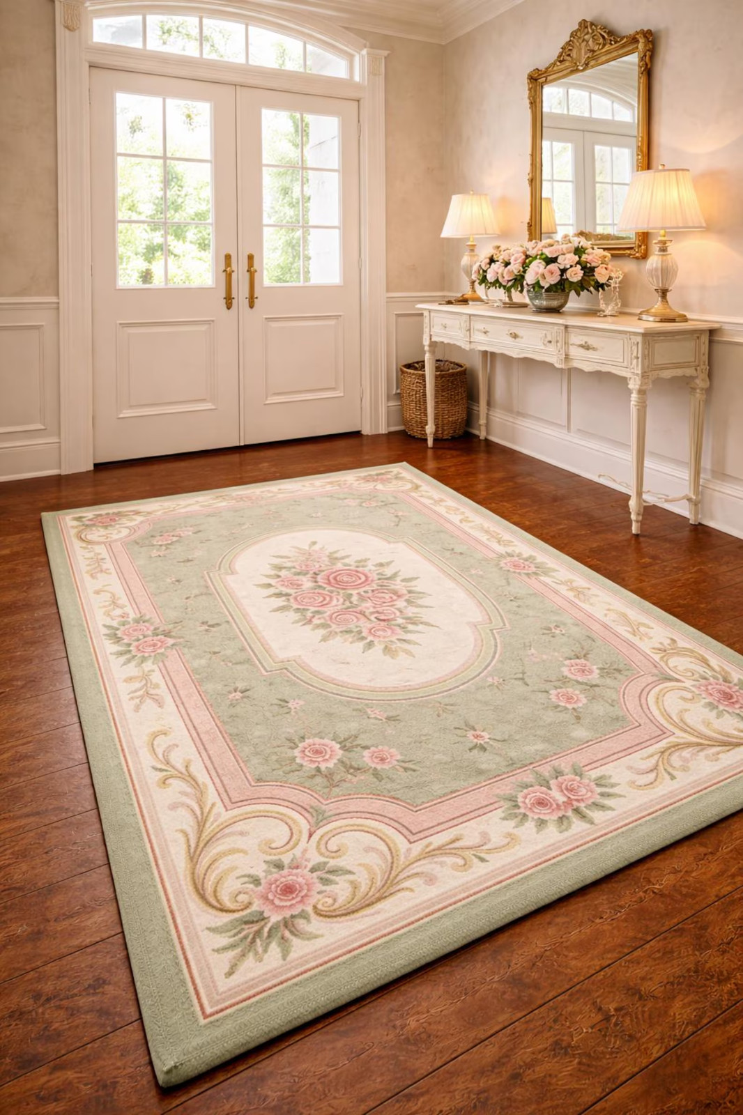 Hand Tufted New Zealand Wool Rug, French Aubusson Rose Area Ruh Handmade Carpet