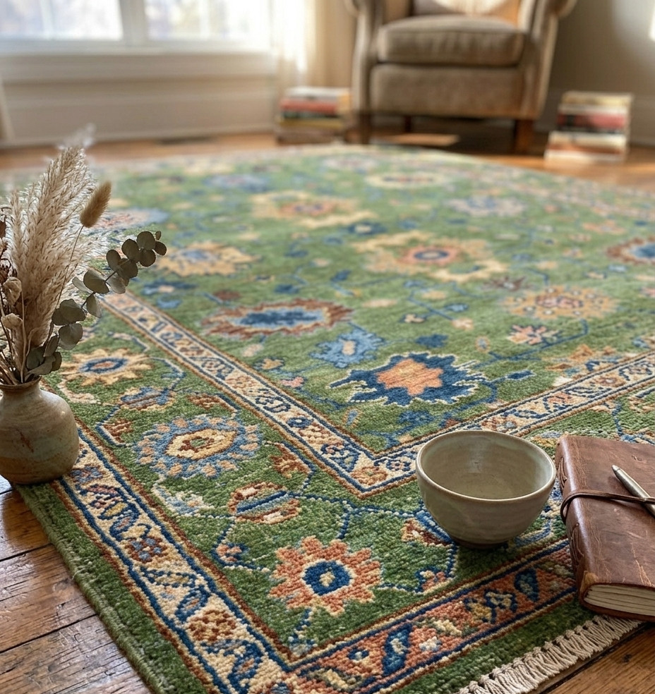 Hand Knotted Olive Green Oushak Rug Wool Floral Area Rug Living Room