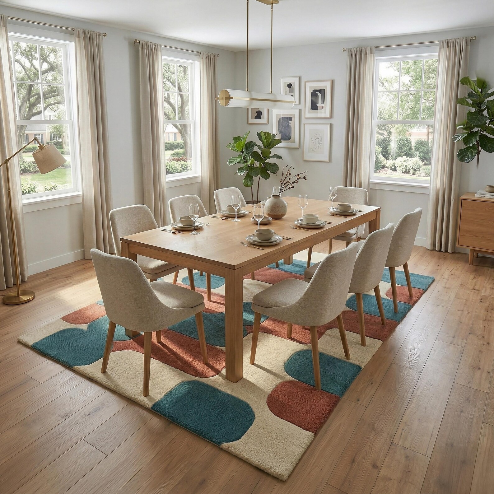 Hand Tufted Wool Rug, Modern Abstract Geometric Cream Teal Terracotta Area Rugs