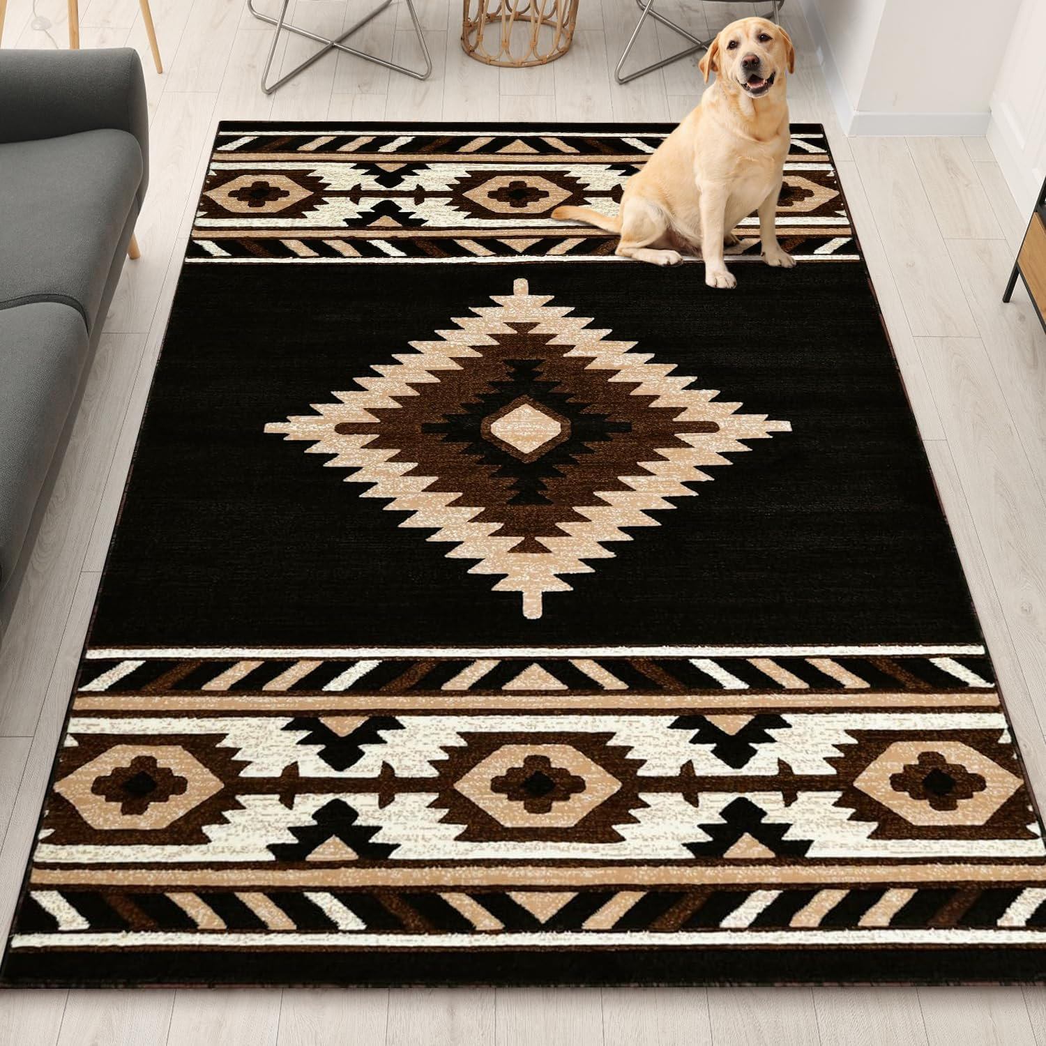 Southwestern Area Rug – anti Static & Washable – Black, 8 Ft X 10 Ft | Soft Nati