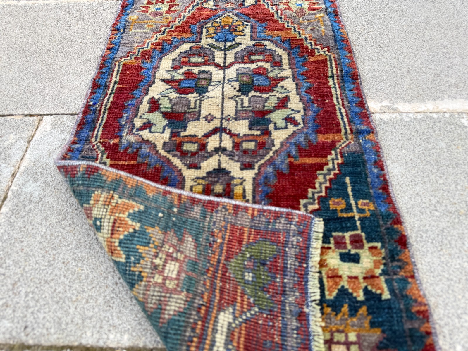 Vintage Turkish Rug 1.3×3.1 ft Faded Red Navy Blue Boho Accent Rug