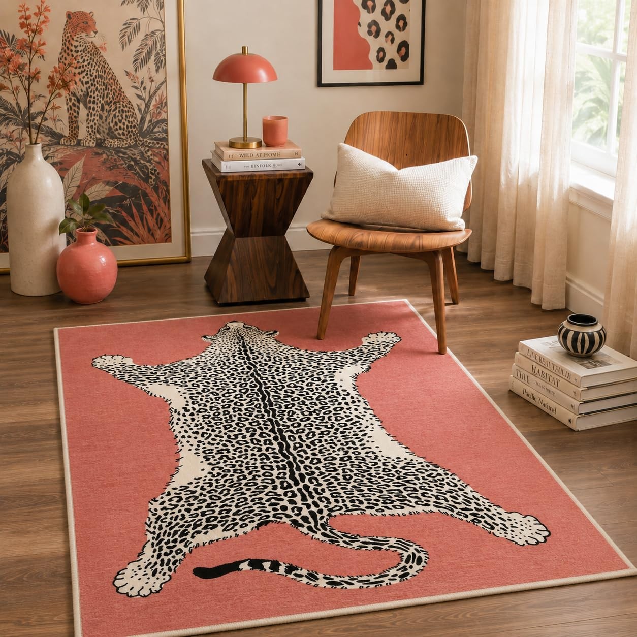 5×7 Coral Leopard Rug, Animal Washable Rugs for Living Room