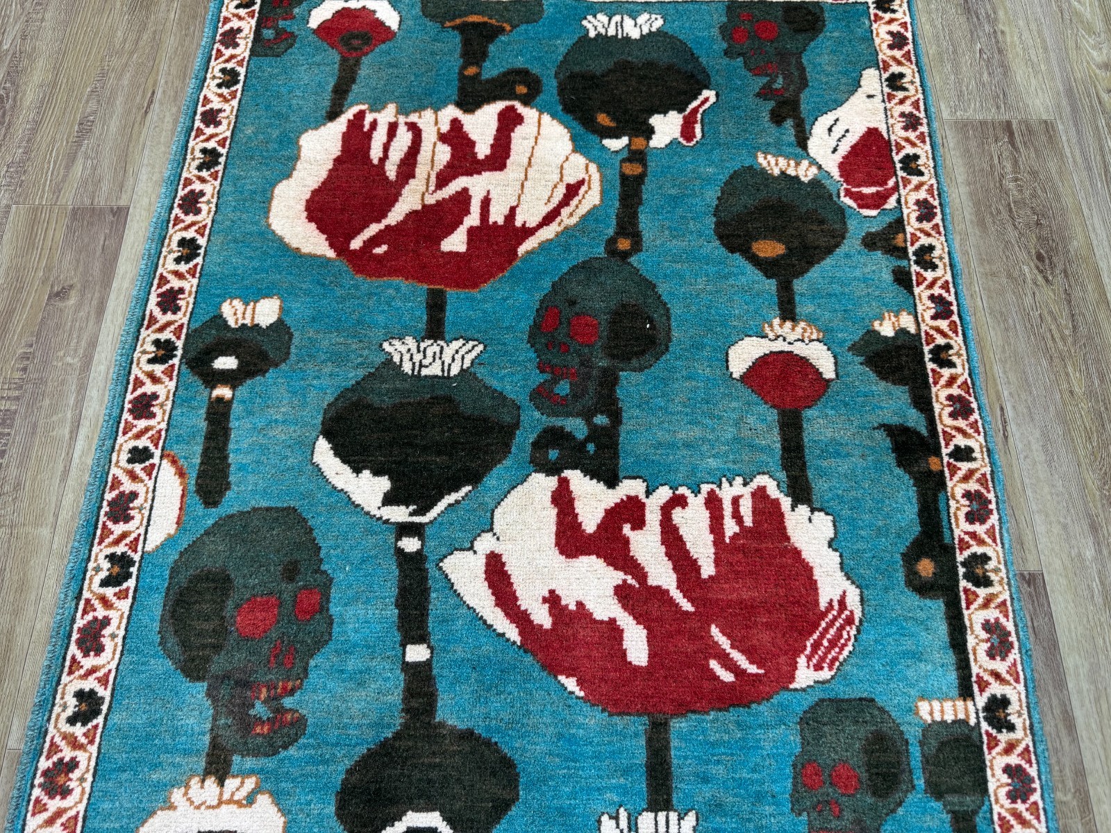 2×4 Afghan Opium Poppy Rug Hand Knotted Blue Pictorial Tribal Wool Carpet