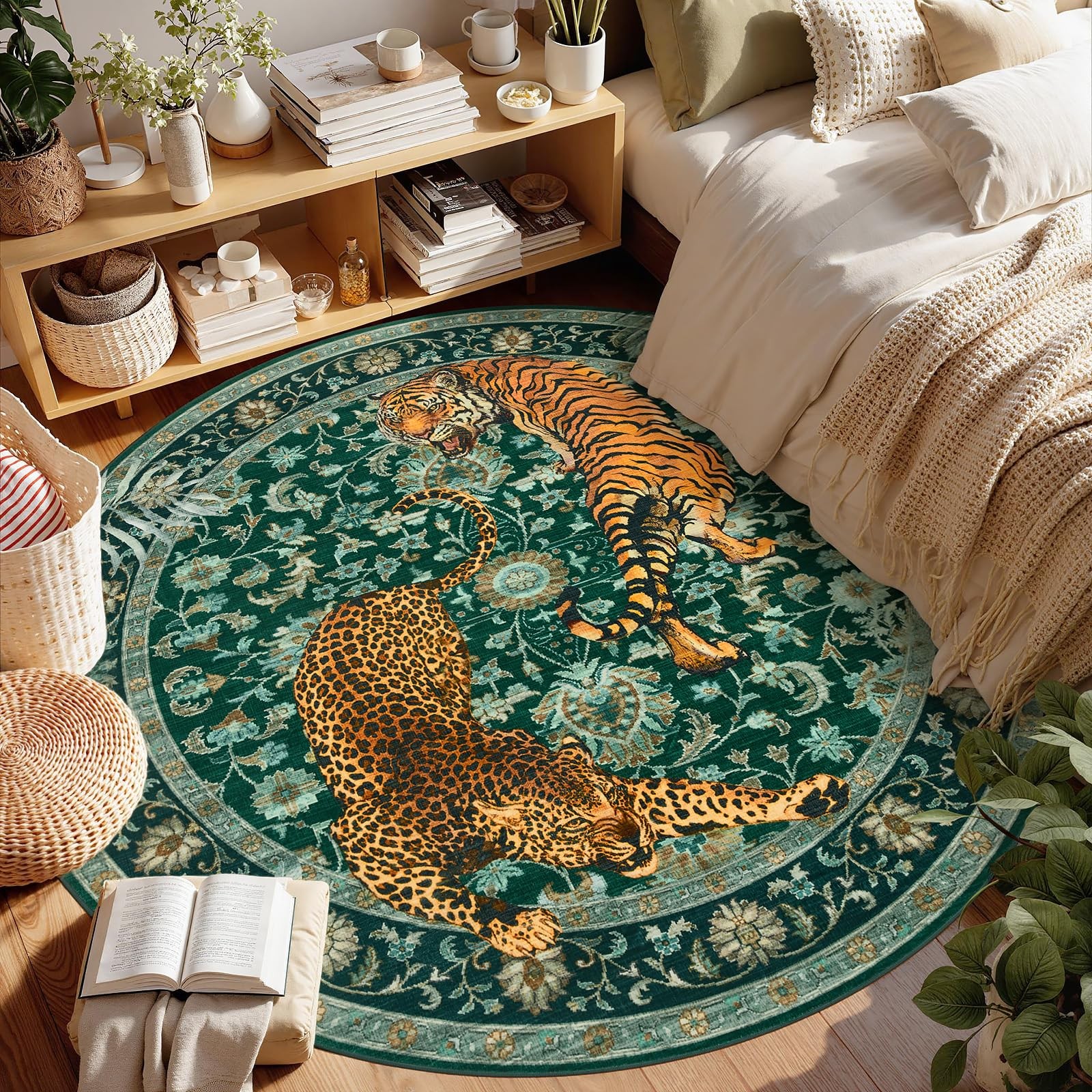 Joydeco Tiger Print Boho Washable Round Rugs 6Ft Non Slip Green Cheetah Circle