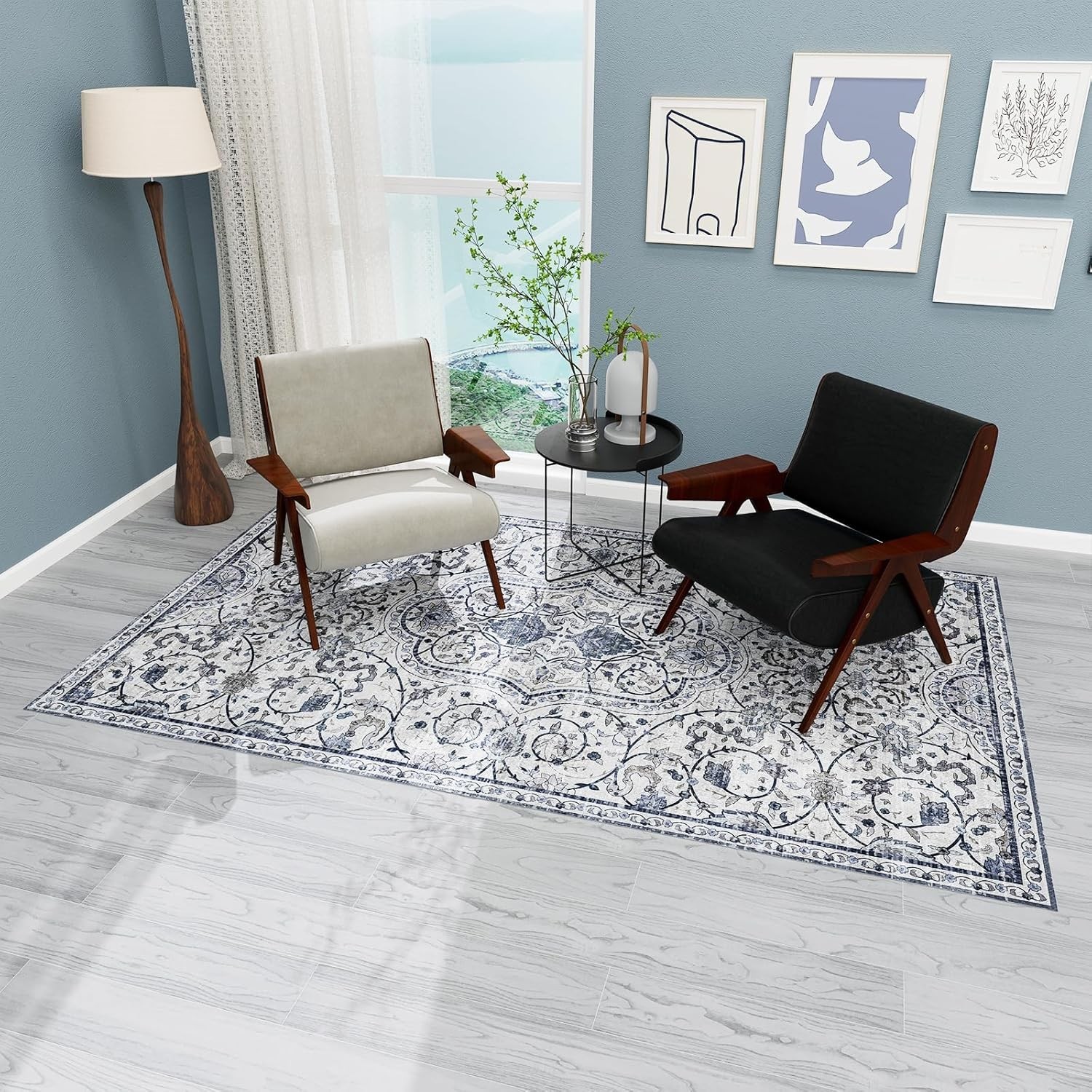 Waterproof Vinyl Floor Mat 5′ X 8′ Non-Slip Area Rug for Home (Grayish Blue)