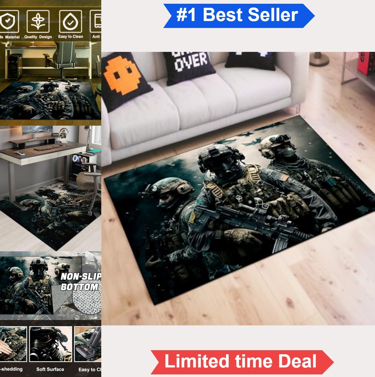 Shooting Game Area Rug 60×40 Inch Non-Slip Battle Field Carpet for Boys Bedroom