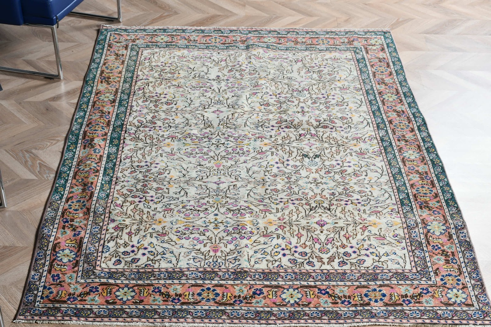 4,7×6,8 ft Vintage Rug, Turkish Rug, White Oriental Wool Rug