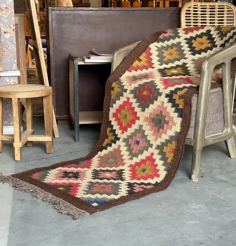 Wool Jute Vintage Kilim Rug moroccan navajo rug tribal southwestern kilim runner