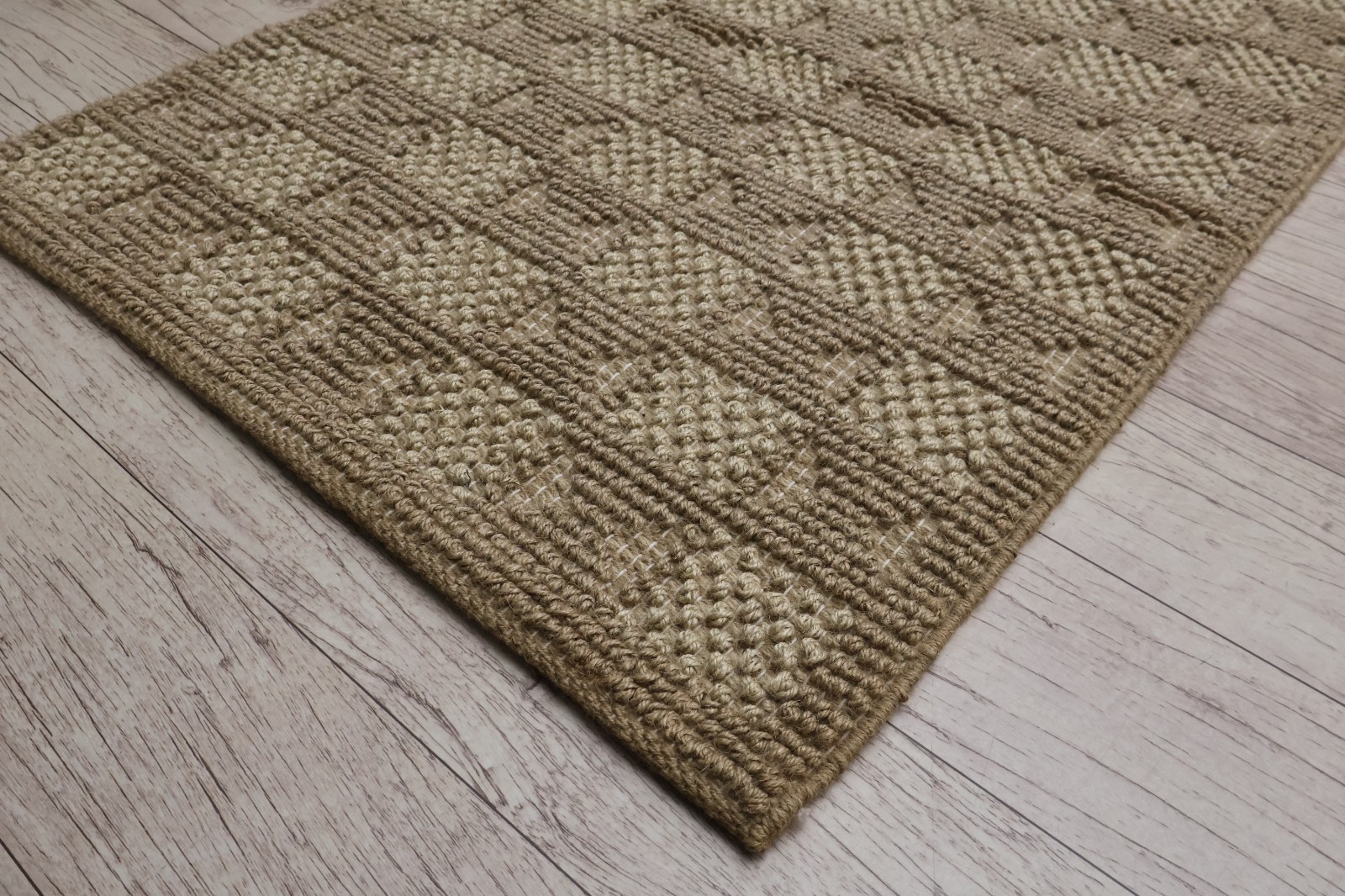 Handmade Natural Jute Wool Raised Loop Checkerboard Area Rug 65×90 cm