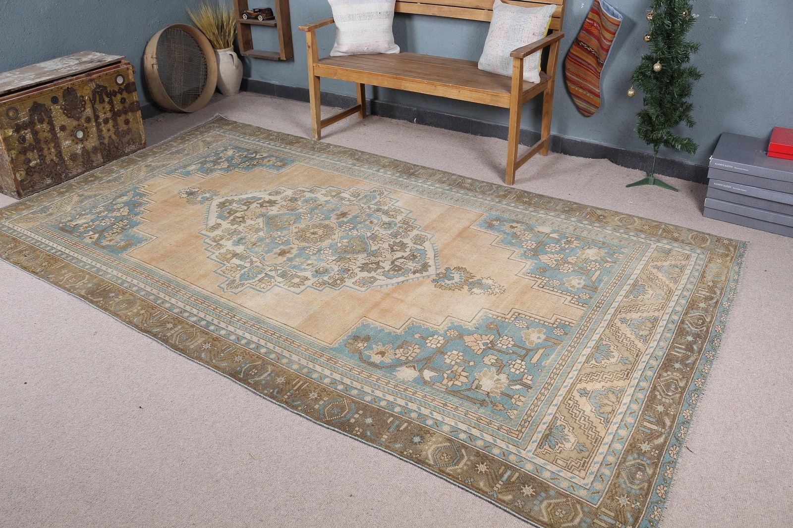5,6×10,2 ft Rug, Large Vintage Rug, Blue Camouflage Rug