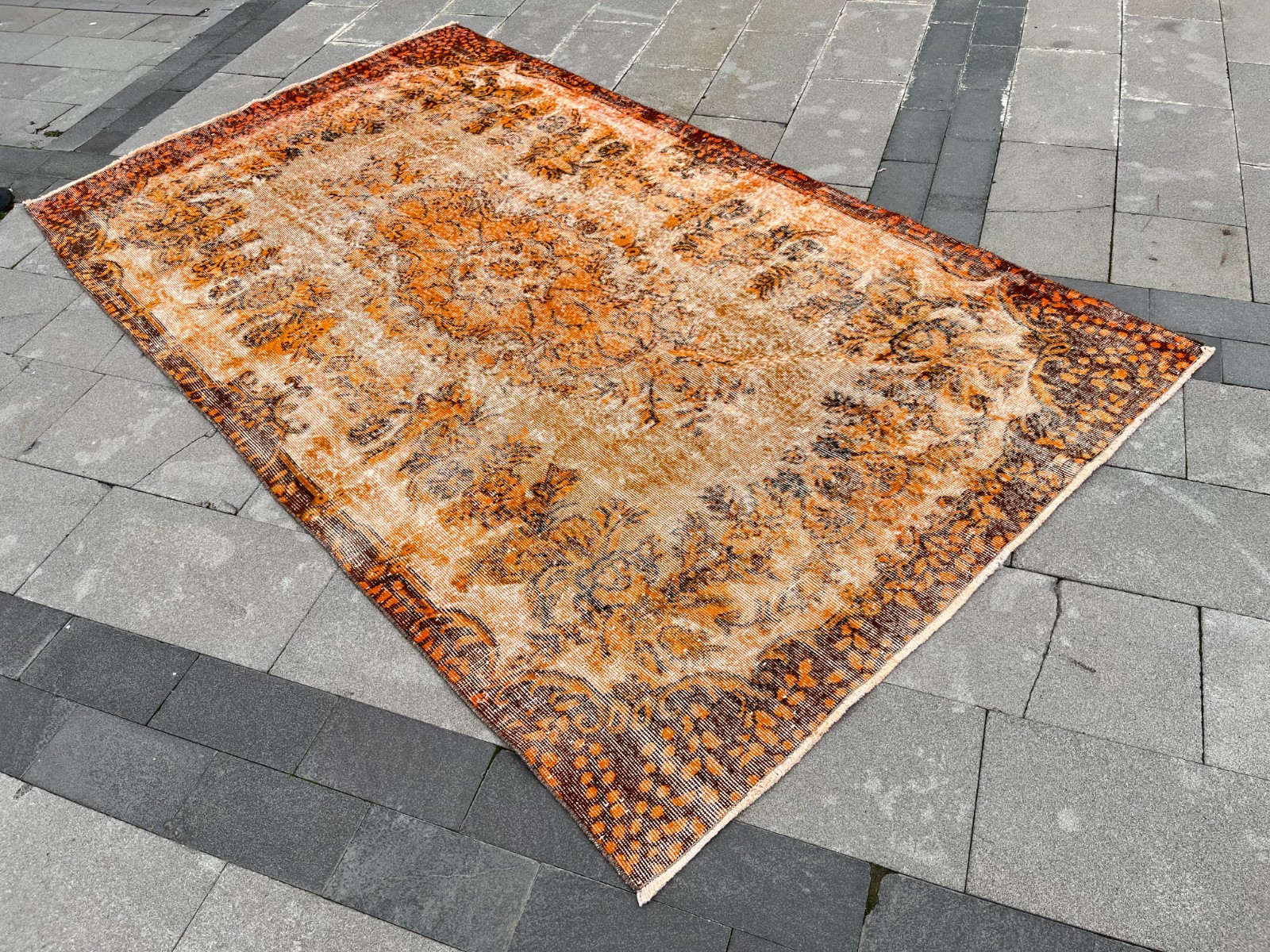 5.4×9.3 Ft Vintage Overdyed Turkish Rug Distressed Oushak Orange Wool 5×9