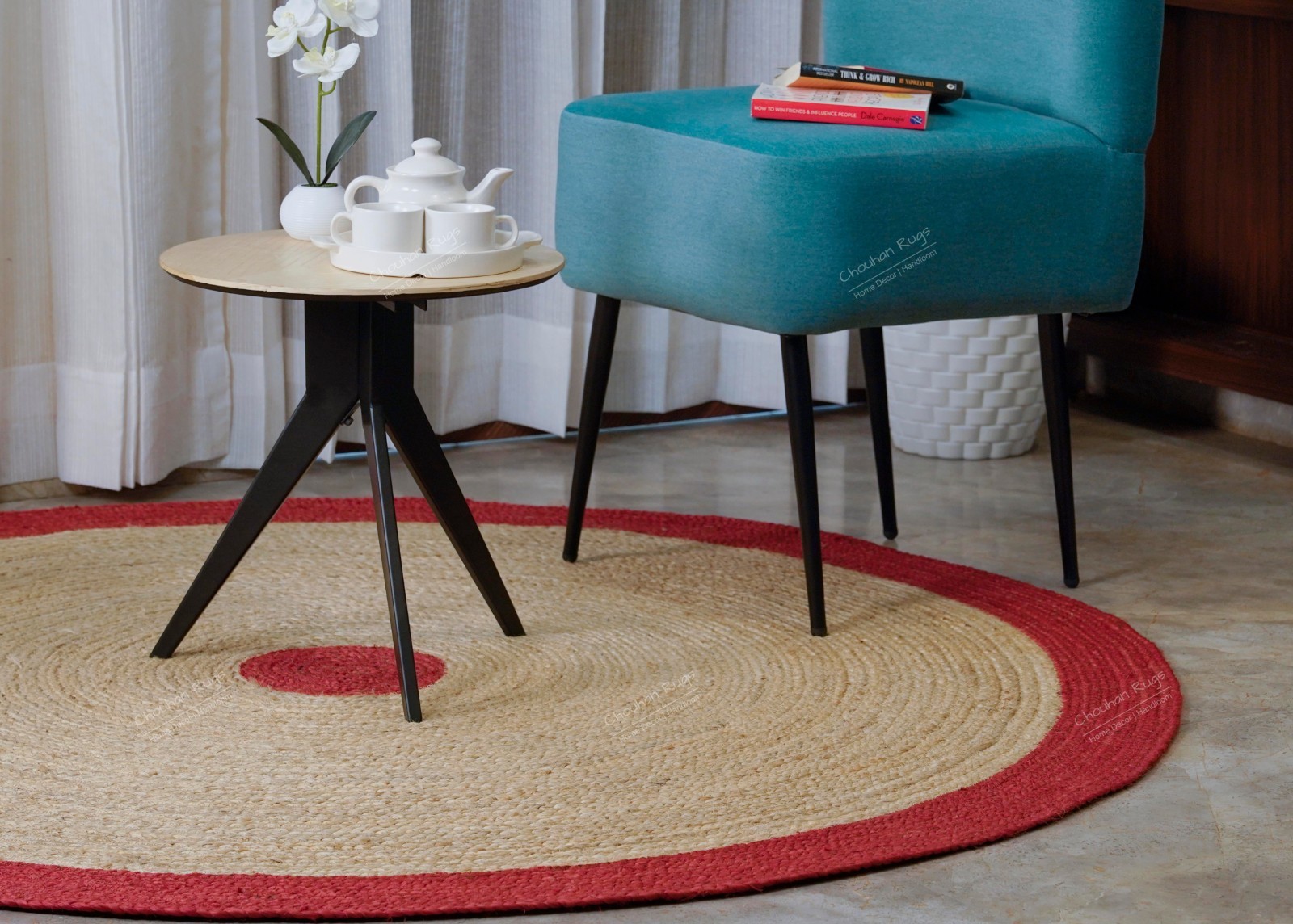 Natural Round jute rug with Red border large area rug for home and living decor