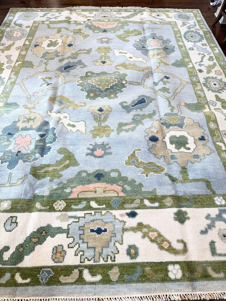Green Blue Hand Knotted Oushak Rug Turkish Wool Area Carpet For Living Room 9×12