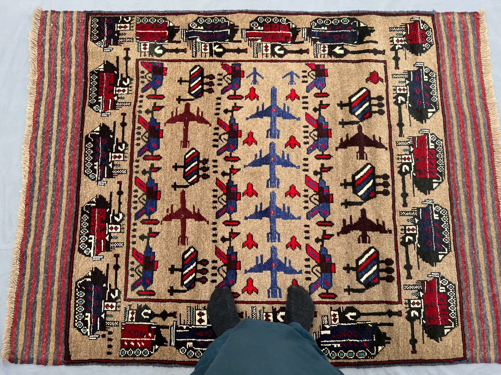 4’4 x 5’5 Ft Rare Beige Field Baluchi War Rug – Pictorial Aircraft and Figures
