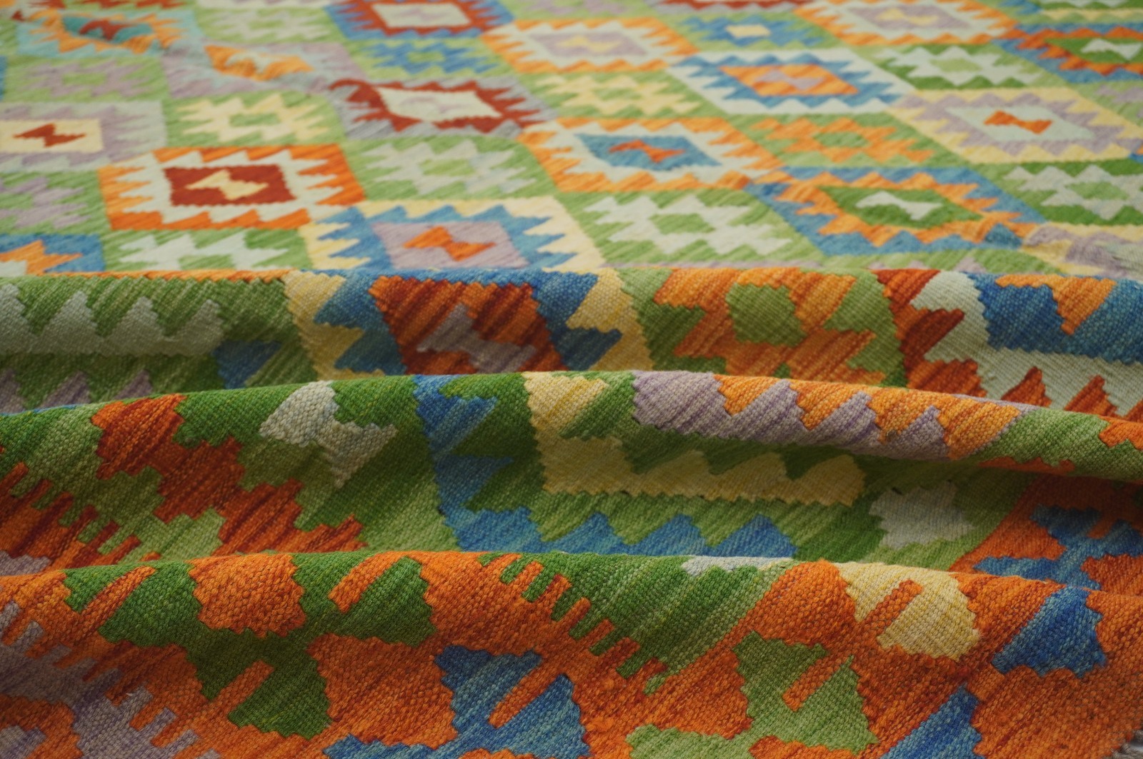 8×11 ft Green Afghan Handmade Geometric Wool Kilim Area Rug (8’4″x11’6″)