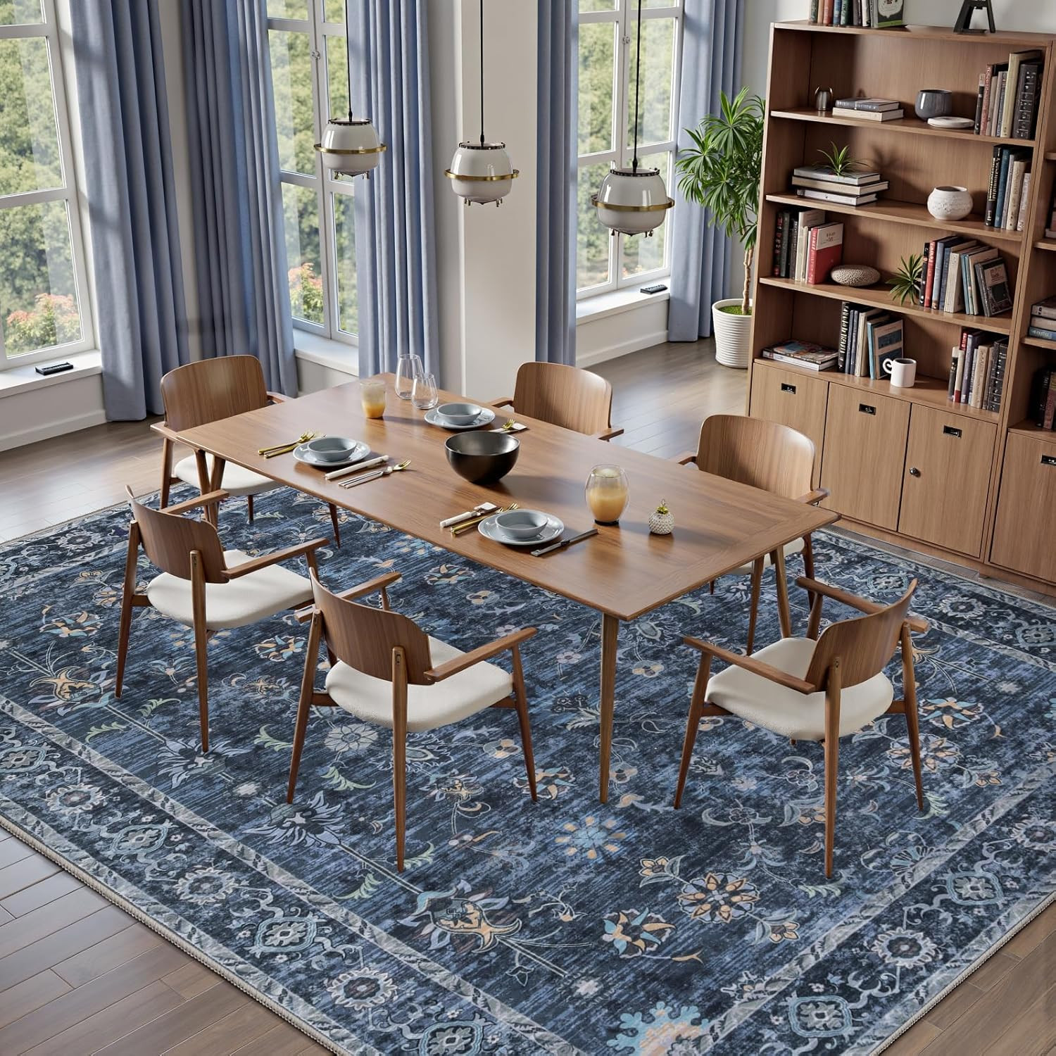 Large 6X9 Non-Slip Vintage Blue Floral Area Rug for Living Room & Bedroom