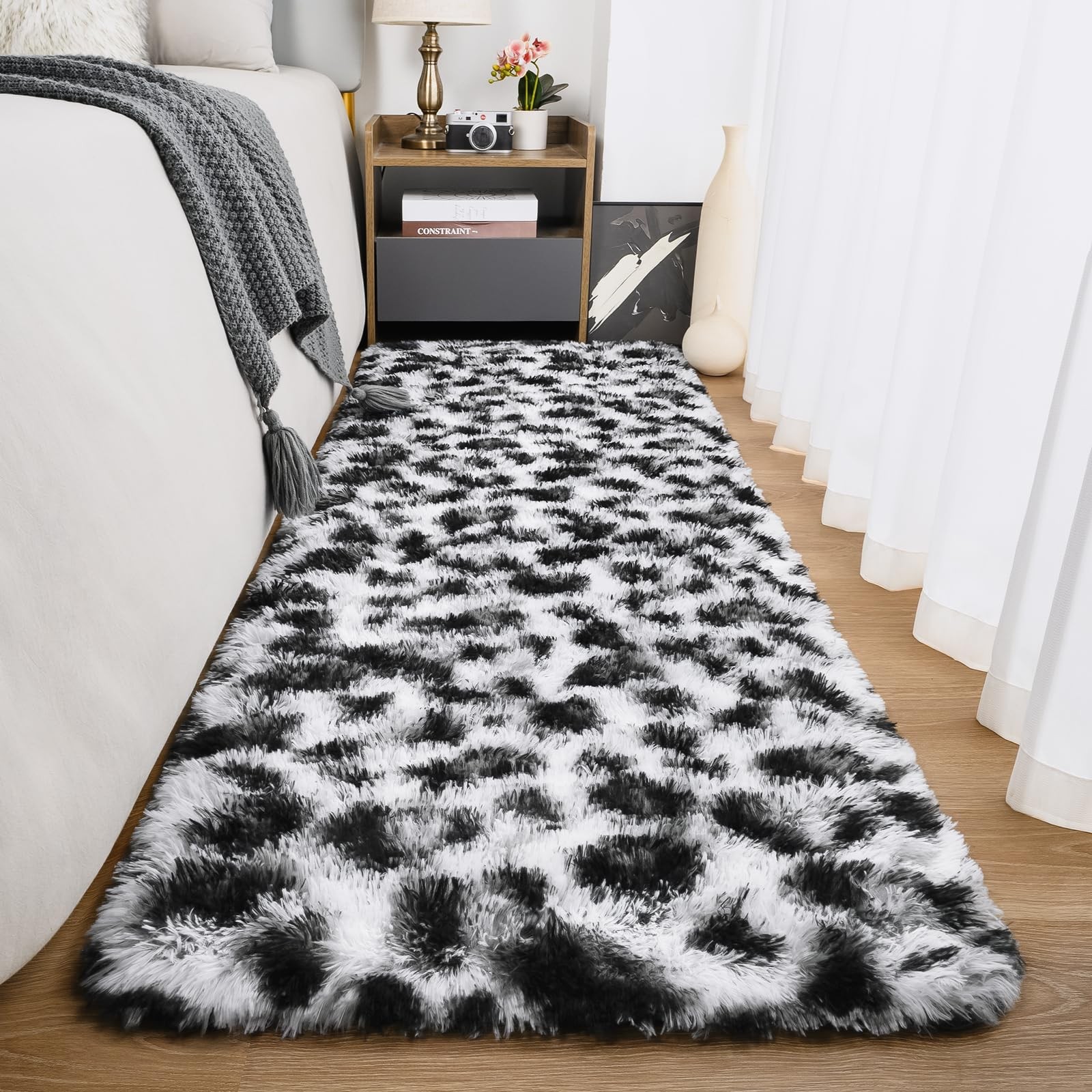 Leopard Runner Rugs for Bedroom, 2×6 Fluffy Black and White Rug