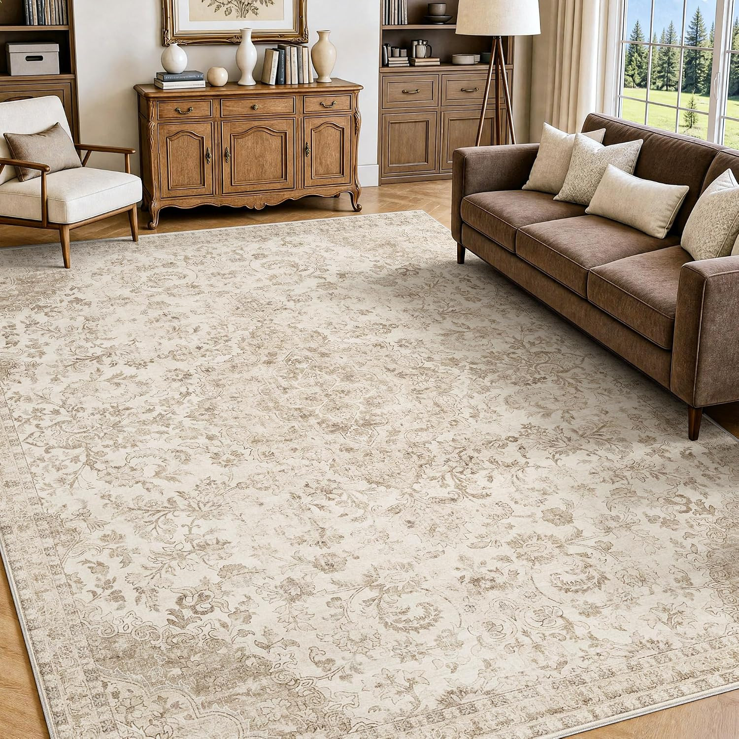 8X10 Washable Beige Neutral Vintage Oriental Area Rug for Bedroom | Cream Low Pi