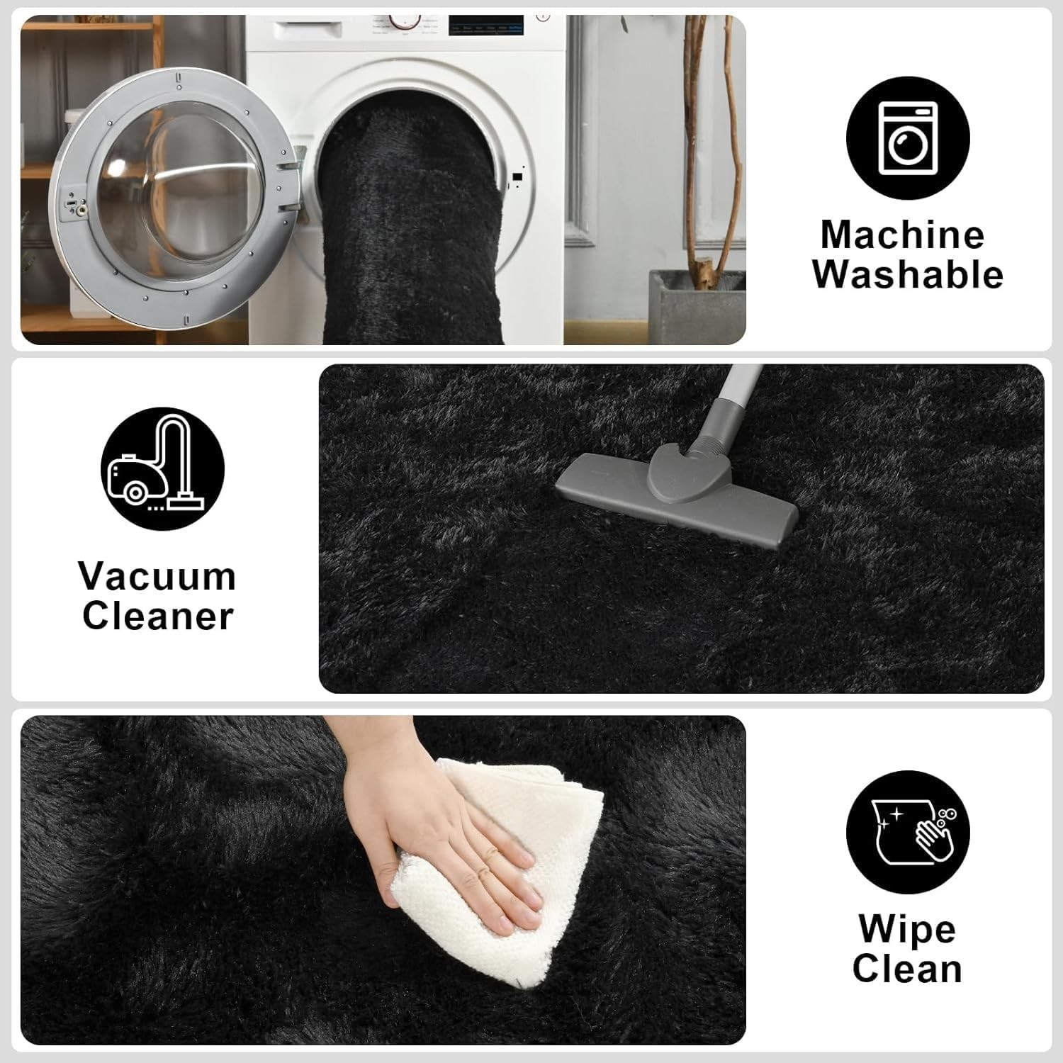 Modern Black Fluffy Area Rug – Cozy Washable Carpet for Bedroom & Nursery