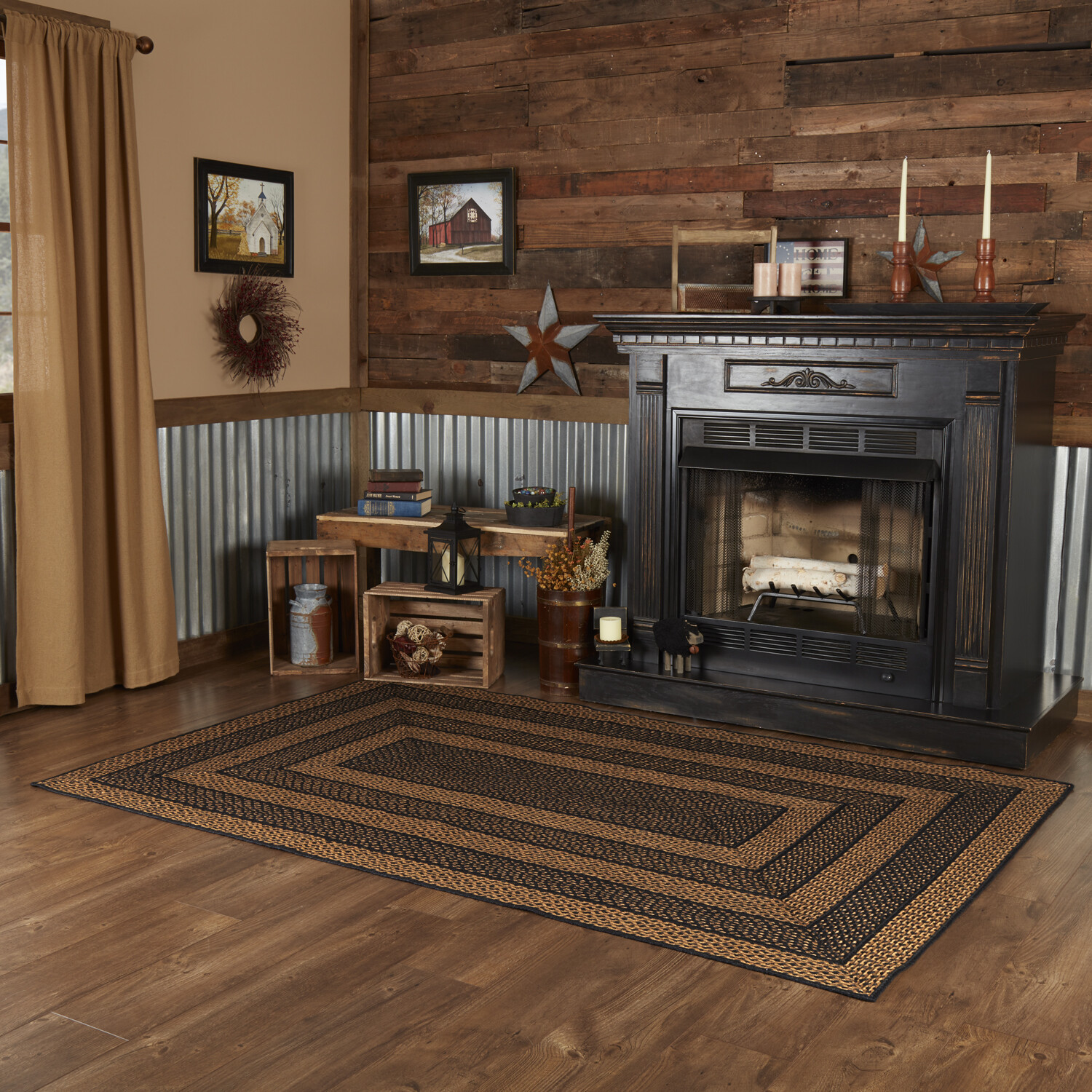 VHC Black Tan Eco-Friendly Jute Primitive Country Rectangle Braided Rug