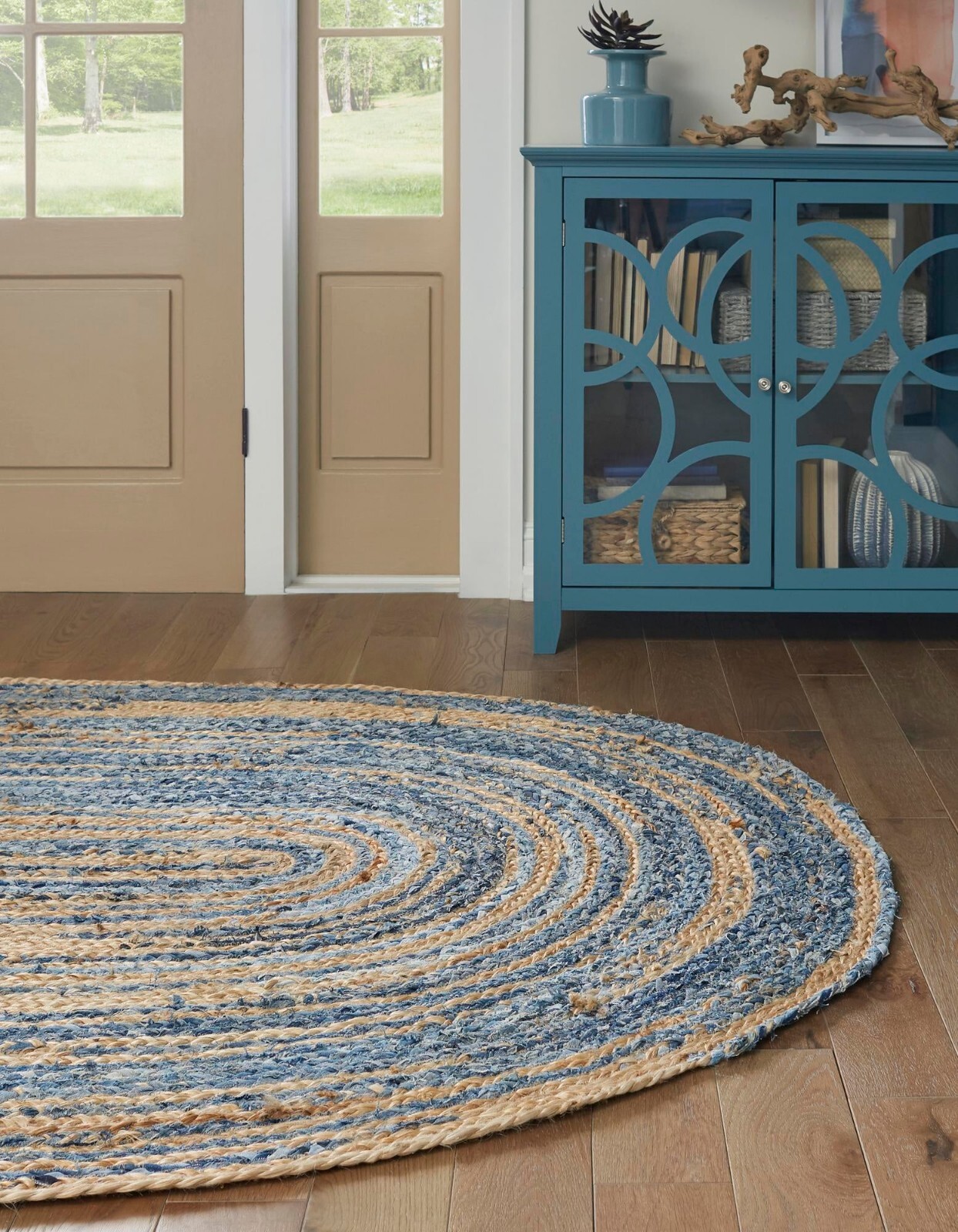 Oval Rug Natural Denim Jute Braided Style Carpet Handmade Rustic Look Area Rug
