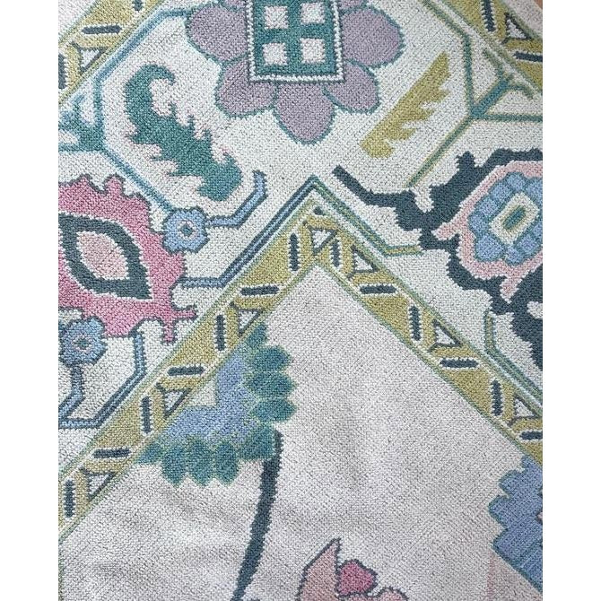Modern Handknotted Oushak Rug in Pale Pink,Green & Blue Area Rug for Living Room